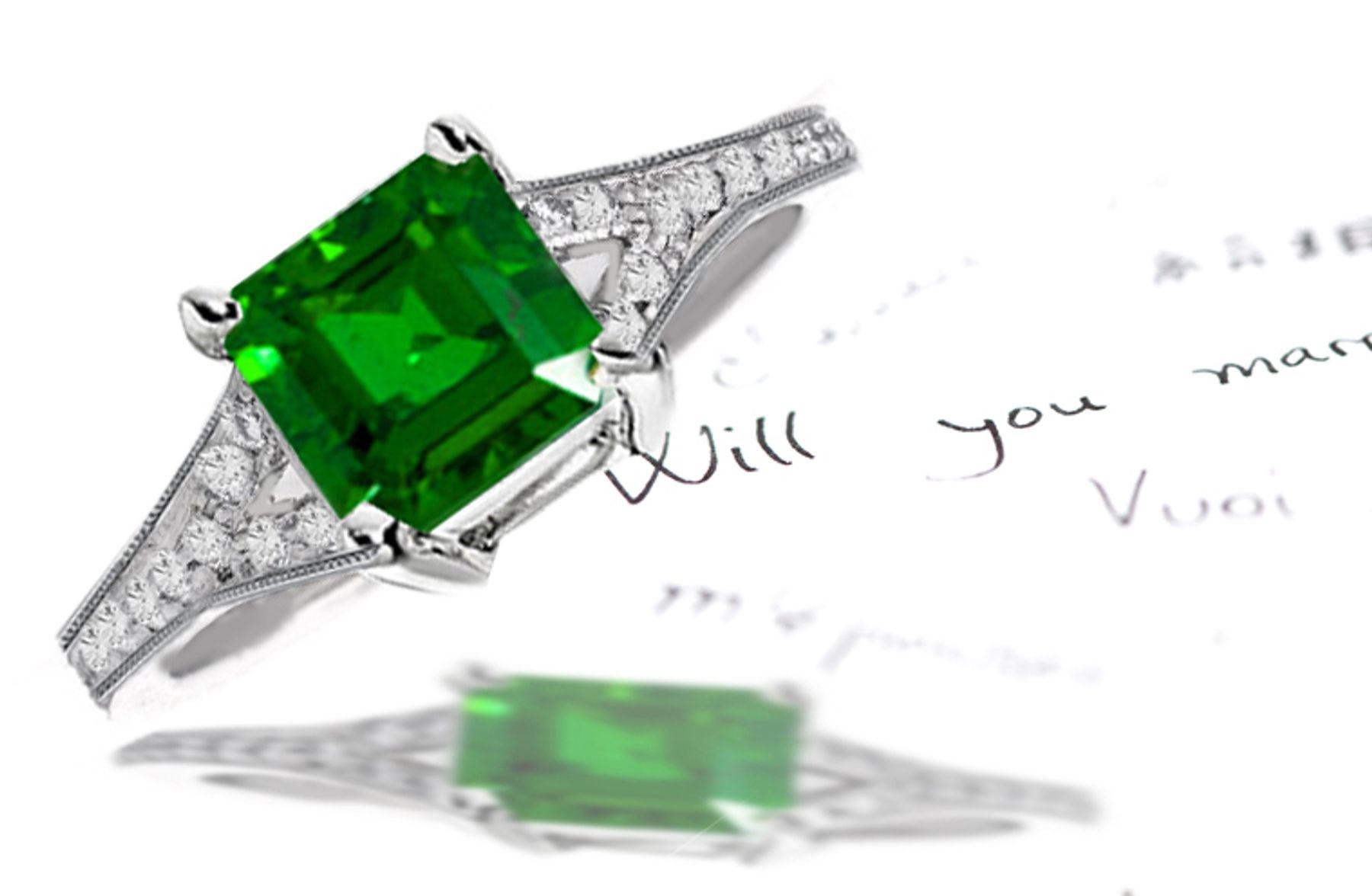 French Style Pave Set Diamond Shank Emerald Princess Cut & Diamond Engagement Ring