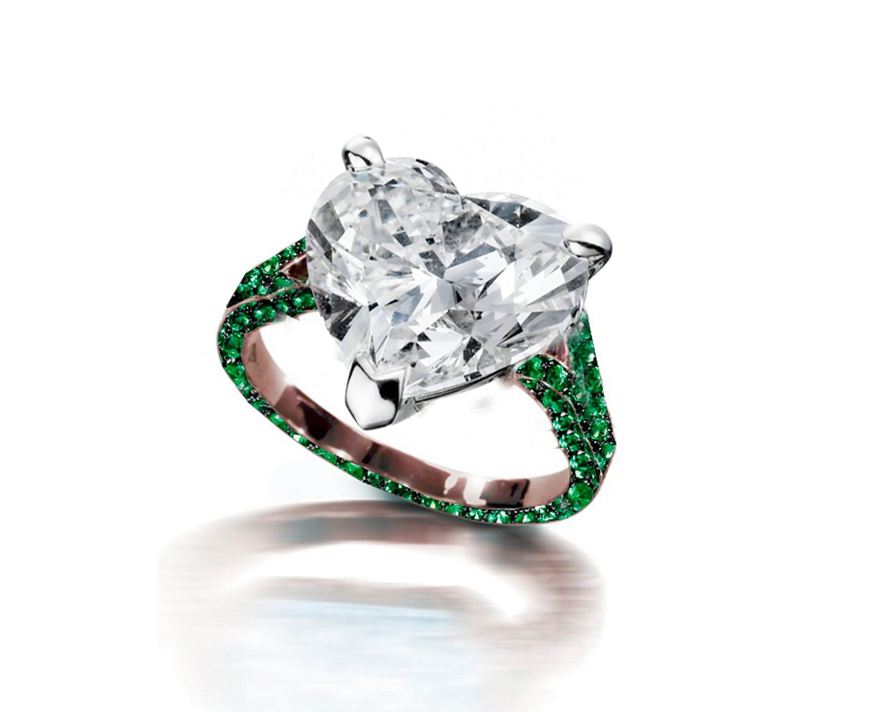 Ring with Heart Diamond & Pave Set Emeralds & White Diamonds in Gold or Platinum