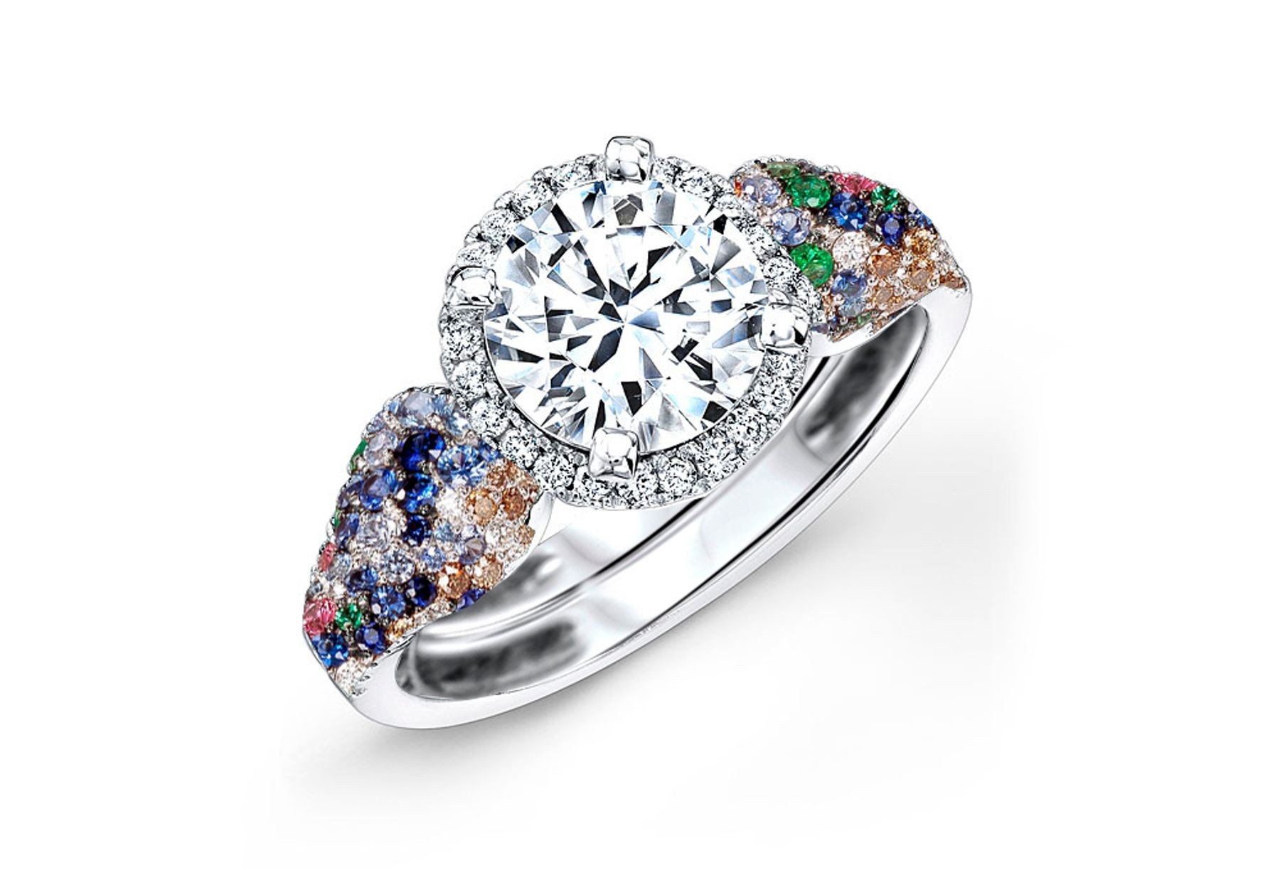 Made To Order Rings Featuring Delicate French Halo Pave Diamonds & Multi-Colored Gemstones