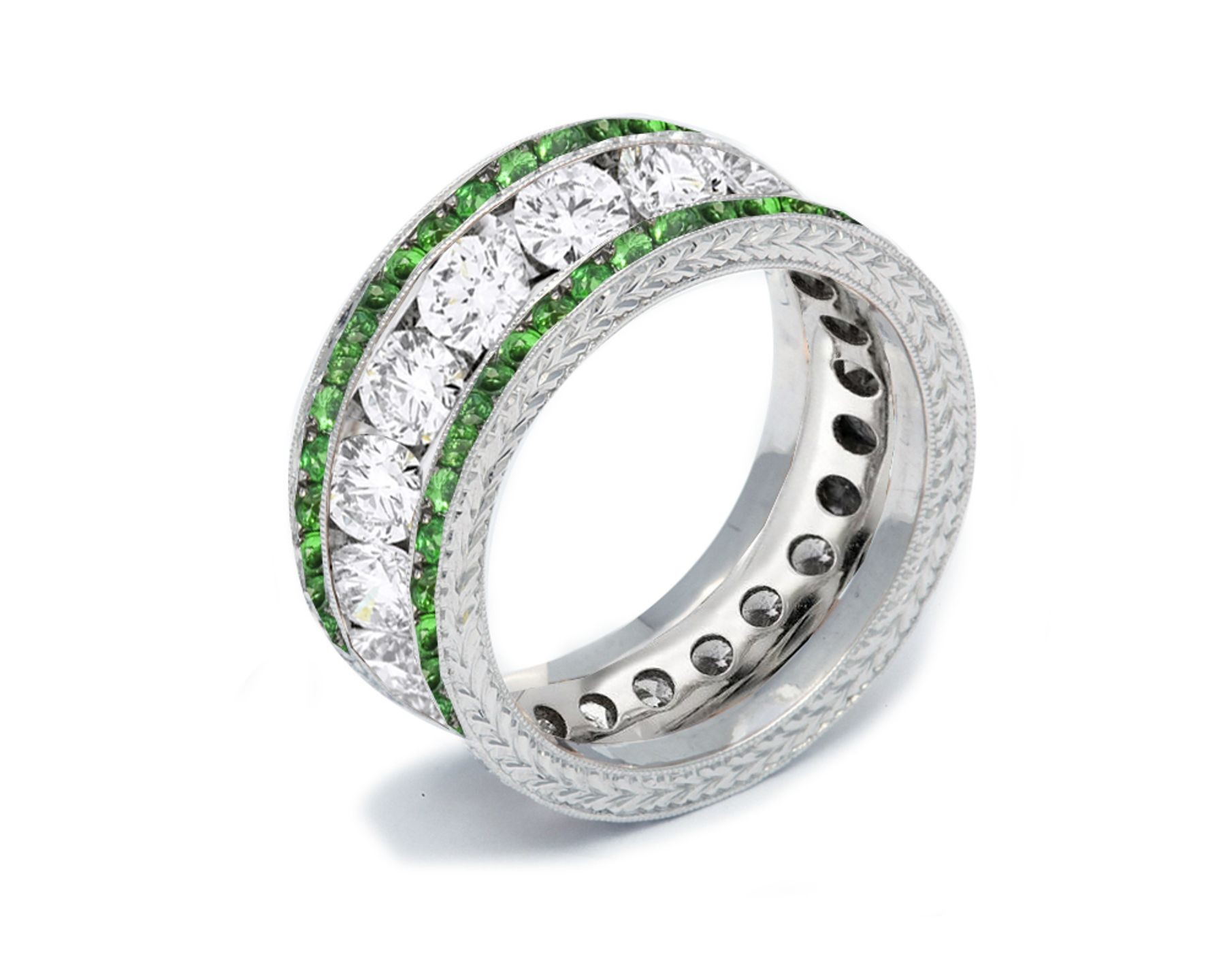 Shop Fine Quality Made To Order Round Hand Engraved Diamond & Emerald Eternity Style Wedding & Anniversary Rings