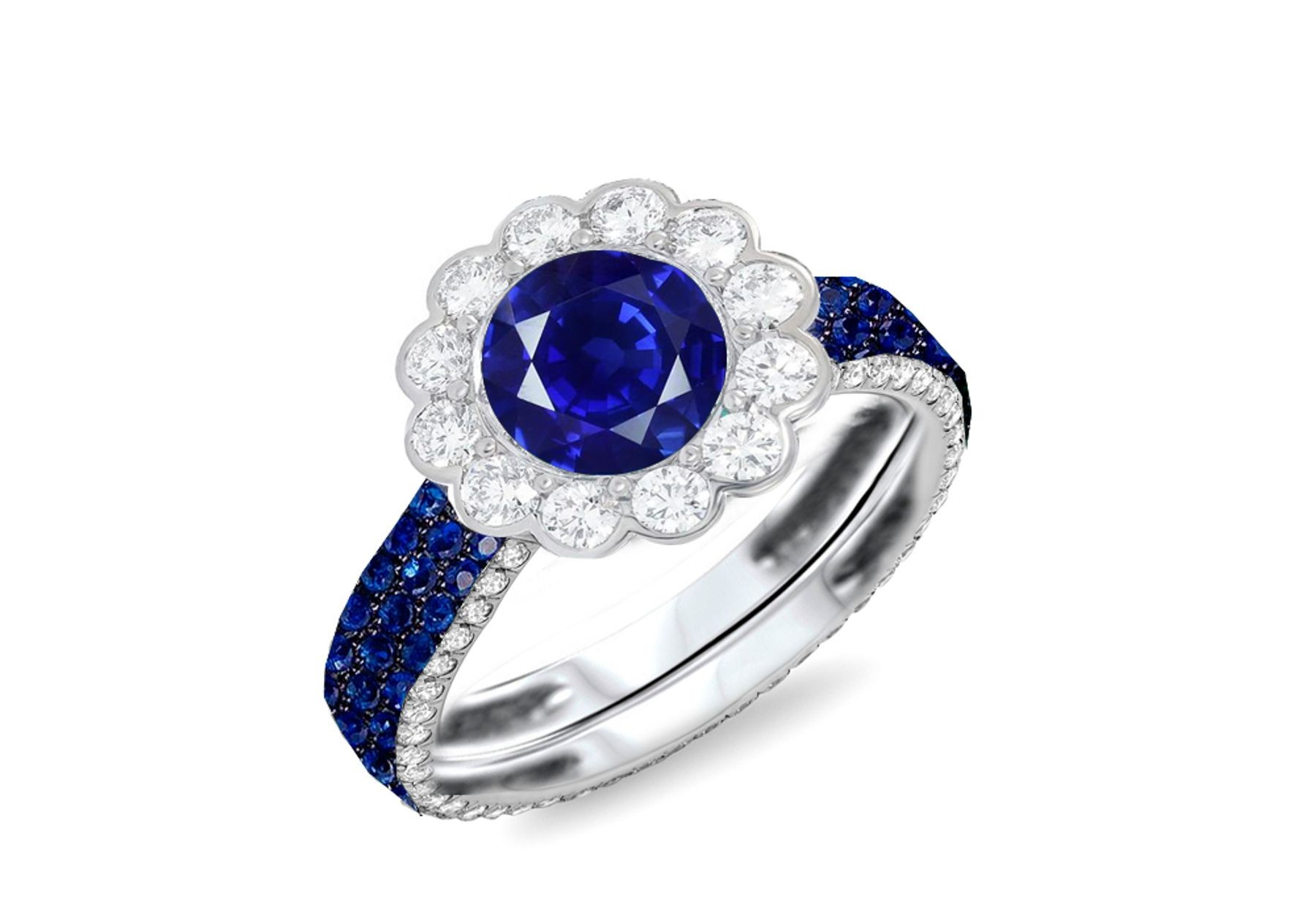 Custom Round Diamond & Blue Sapphire Flower Engagement and Right Hand Rings