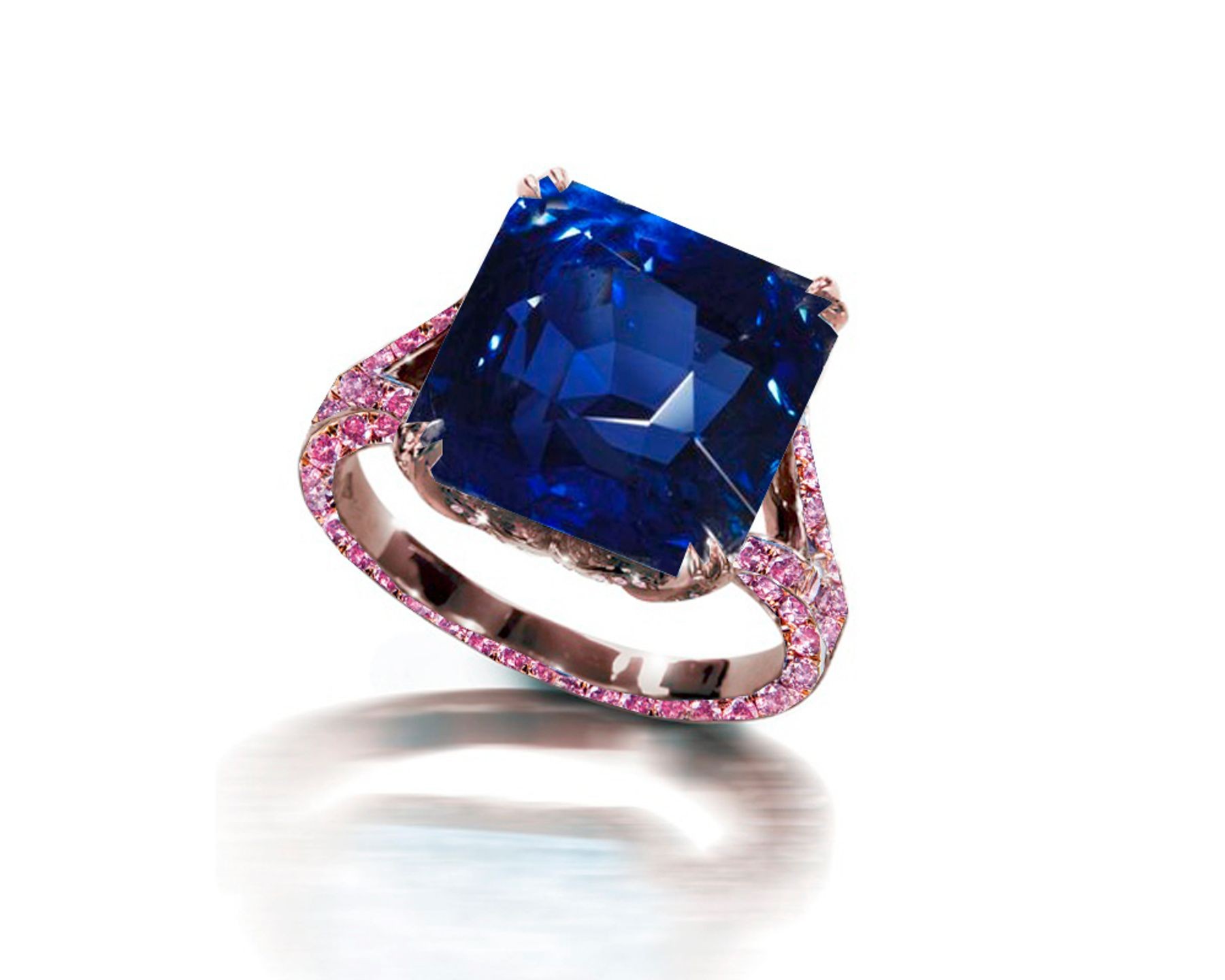 Ring with Blue Sapphire & Pave Set Pink Sapphires in Gold or Platinum