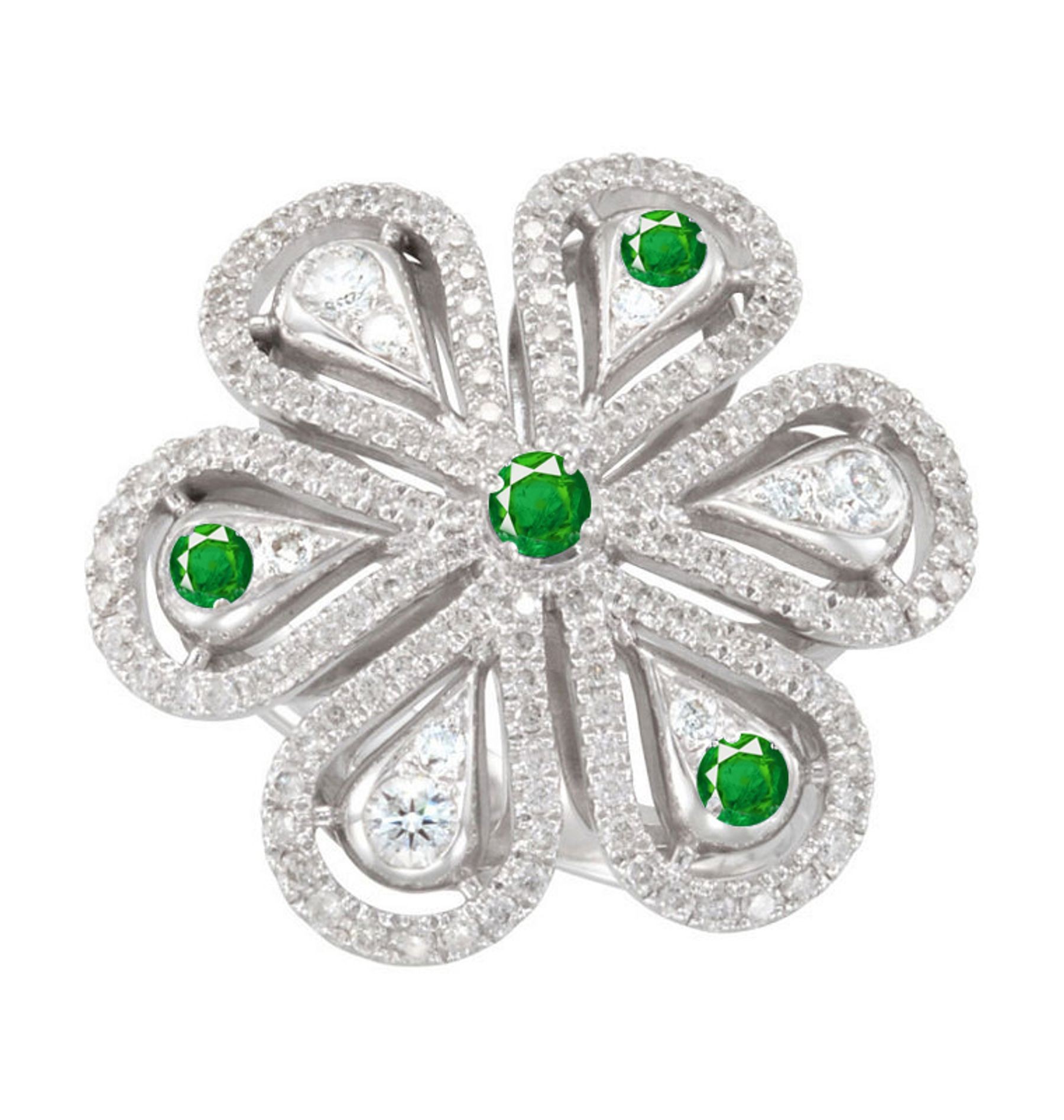 Brilliant Gold Special Design Artisan, Milgrain, Filigree Micropave, "Vibrant" Emerald, Diamond Flower Ring