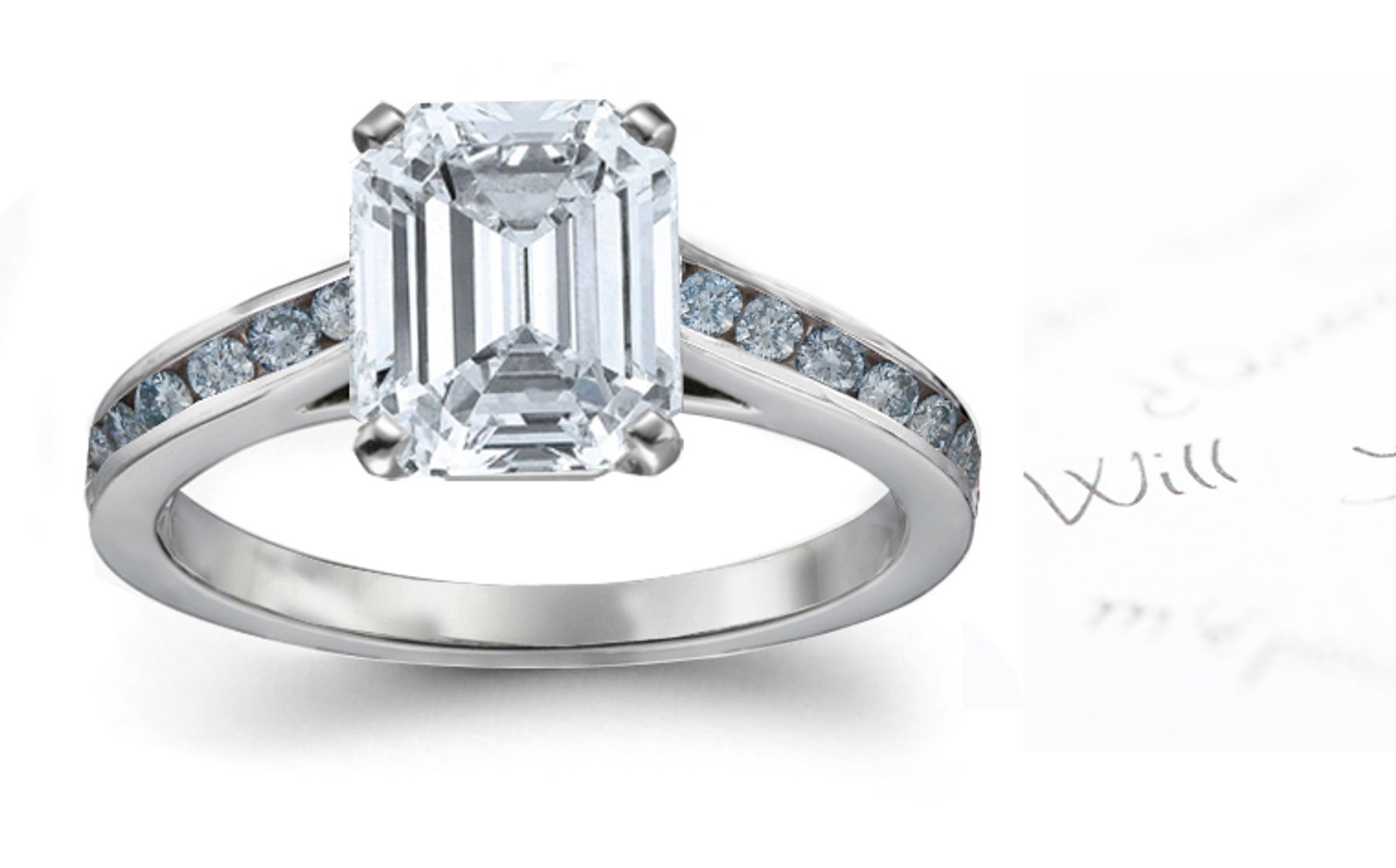 Blue & White Emerald Cut Diamond Engagement Ring