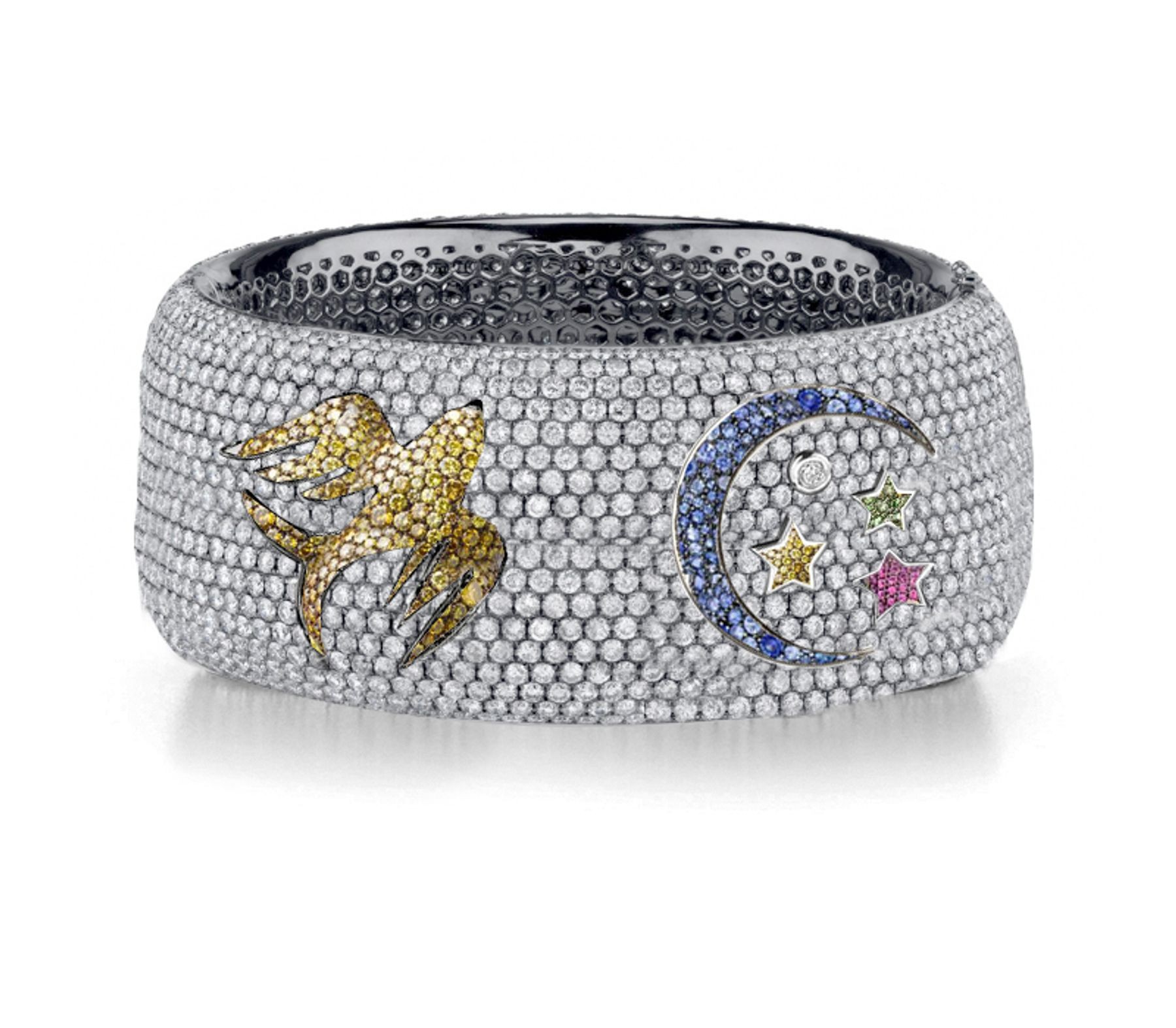 Delicate French pavee Sparkling Brilliant-Cut Round Diamonds & Vivid Multi-Colored Precious Stones Eternity Rings & Bands Featuring Bird, Moon & Stars