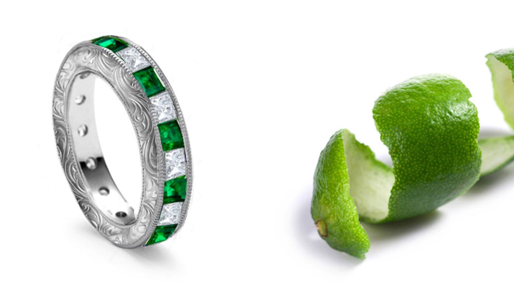 A Hand Engraved Square Emerald & Princess Cut Diamond Eternity Ring Illuminating in Day or Night