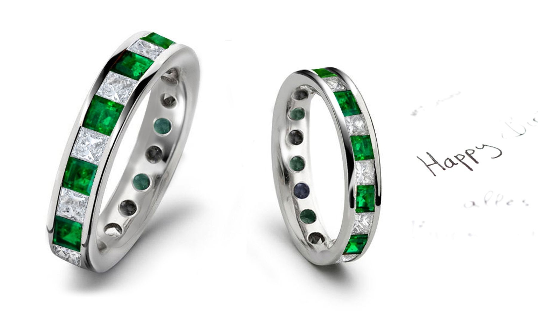 Princess Emerald Eternity Rings: Modern Emerald Square and Princess Cut Diamonds Channel Set Ring in Platinum.