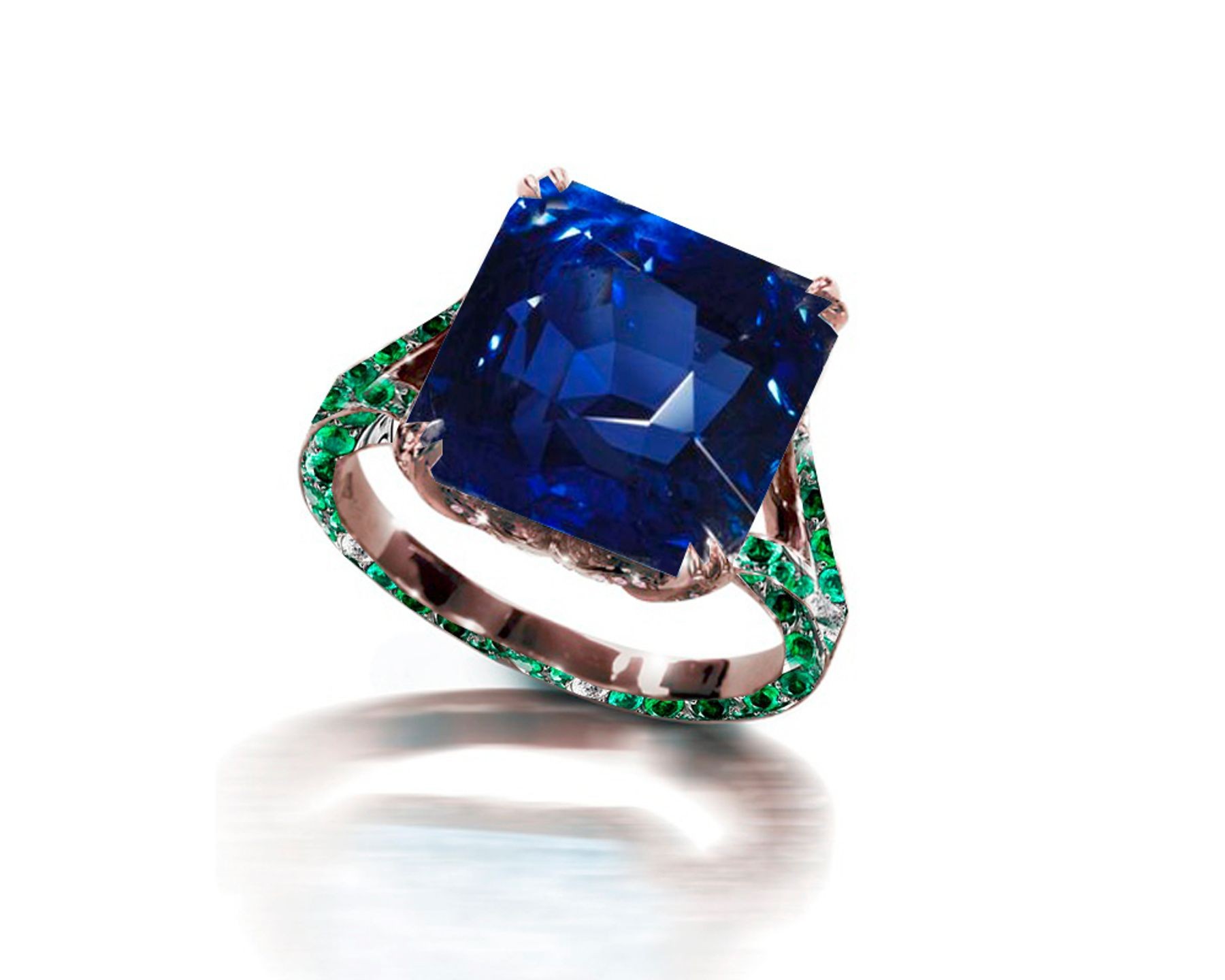 Ring with Square Sapphire & Pave Set Emeralds & White Diamonds in Gold or Platinum