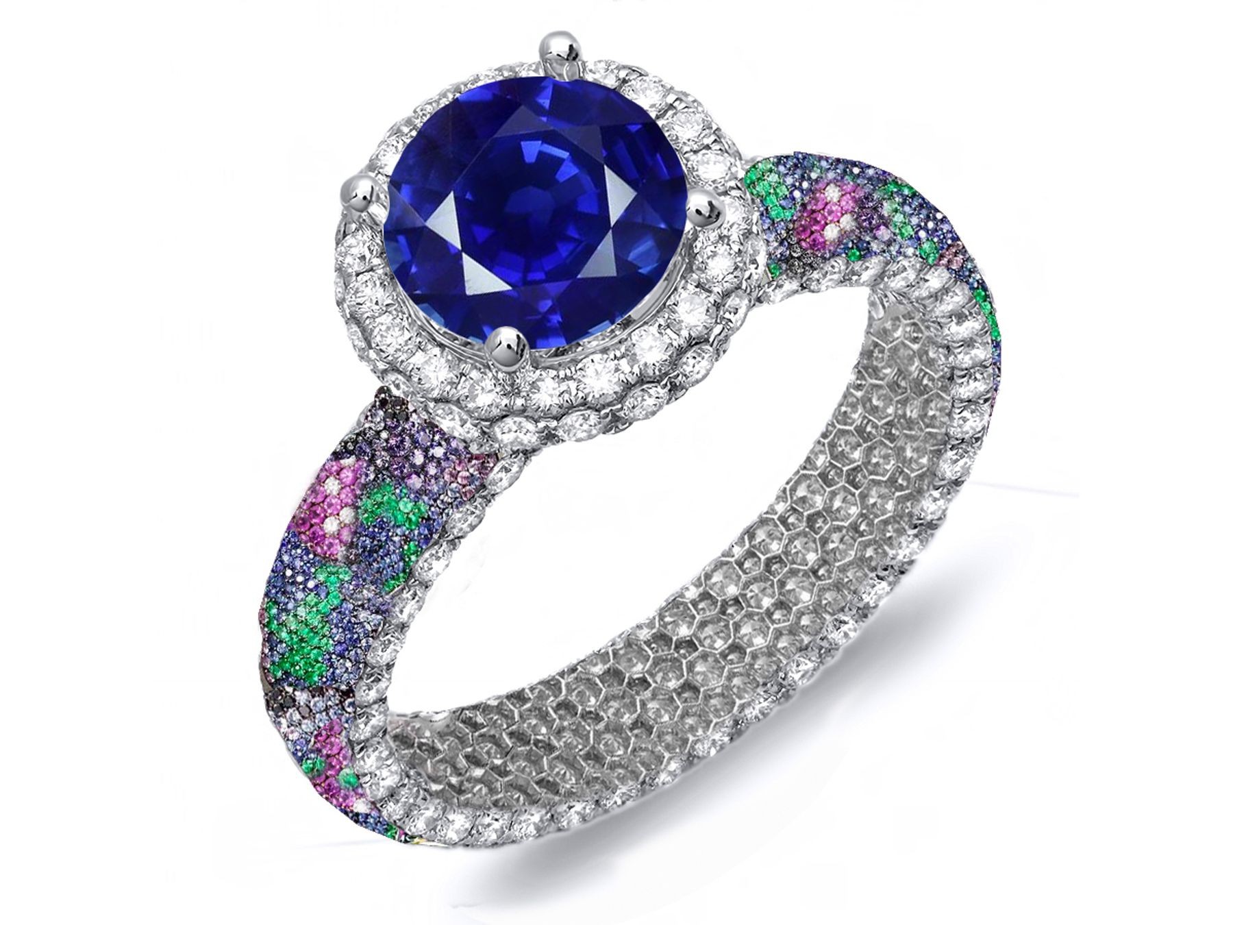 Vibrant Pave Cluster Diamond & Multi-Colored Precious Stones Rubies, Emeralds & Blue, Pink, Purple, Yellow Sapphires