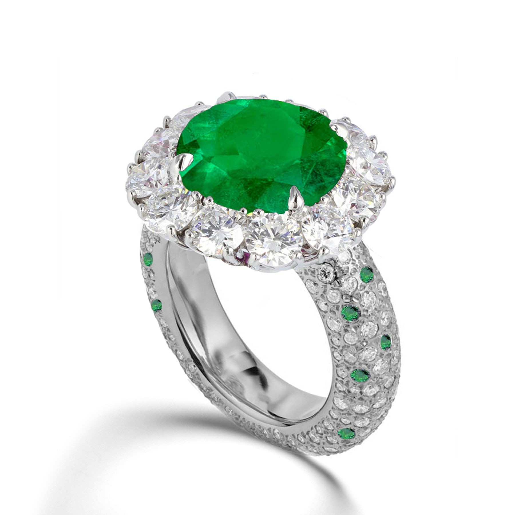 Latest Collection: Delicate Halo Micropave Side Accents Green Emeralds & Diamonds Engagement Rings