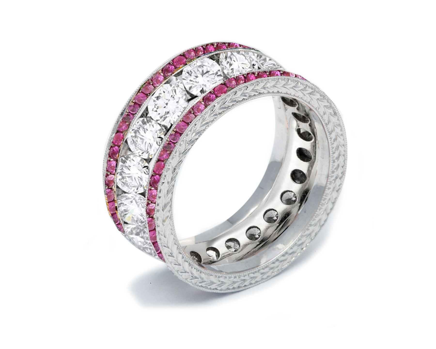 Shop Fine Quality Made To Order Round Hand Engraved Diamond & Pink Sapphire Eternity Style Wedding & Anniversary Rings