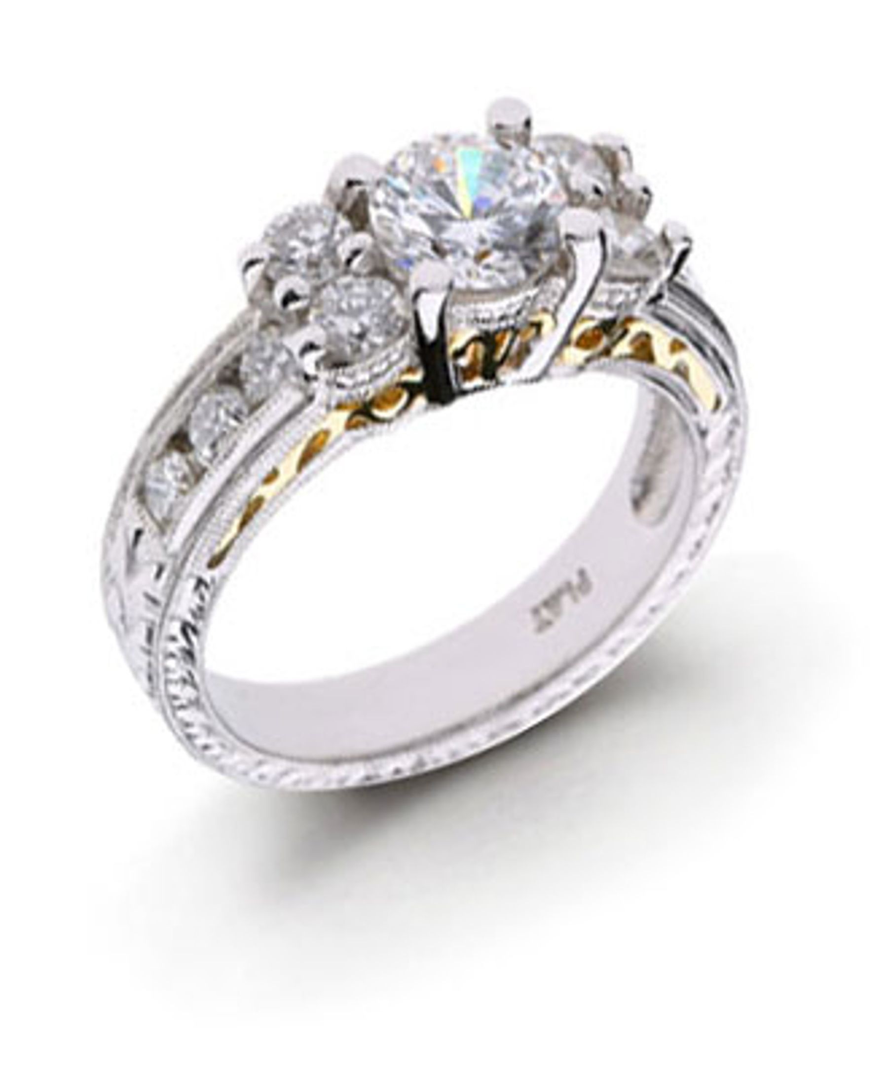 Platinum 14K White Gold Hand Engraved Filigree Vintage Antique Ring. View Setting Matching Diamond Wedding Bands
