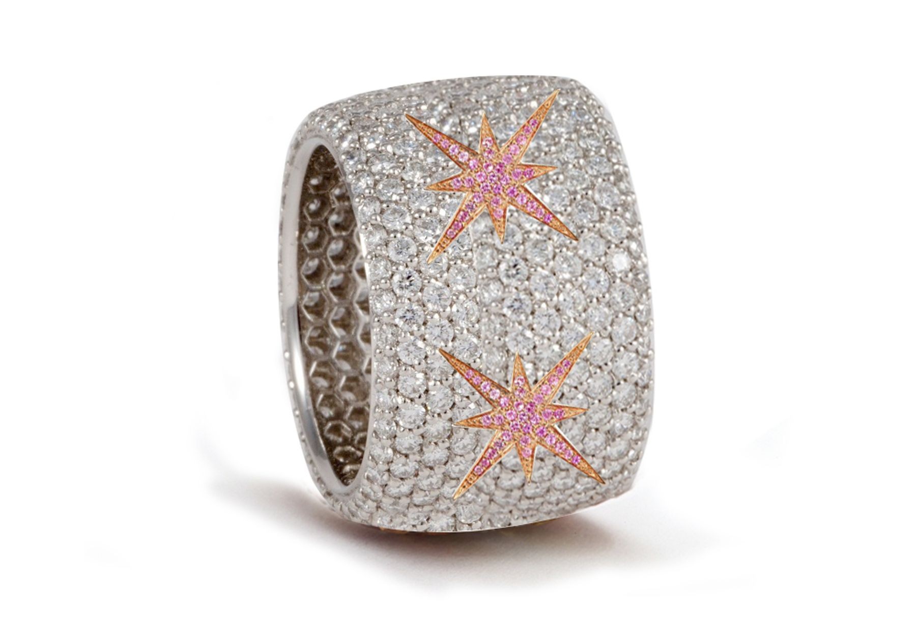 Delicate French pavee Sparkling Brilliant-Cut Round Diamonds & Vivid Multi-Colored Precious Stones Eternity Rings & Bands Featuring Celestial Stars