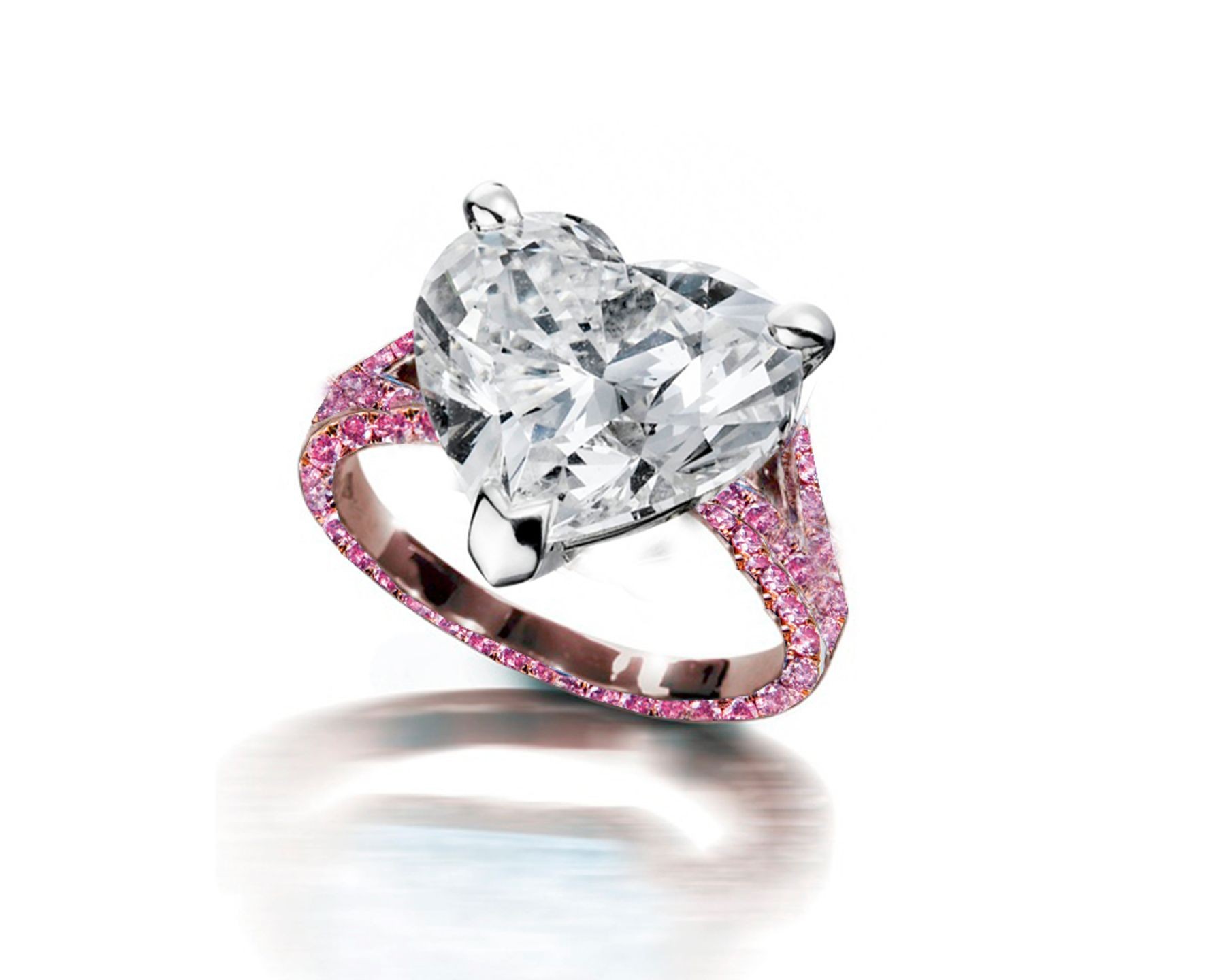 Ring with Heart Diamond & Pave Set Pink Sapphires in Gold or Platinum