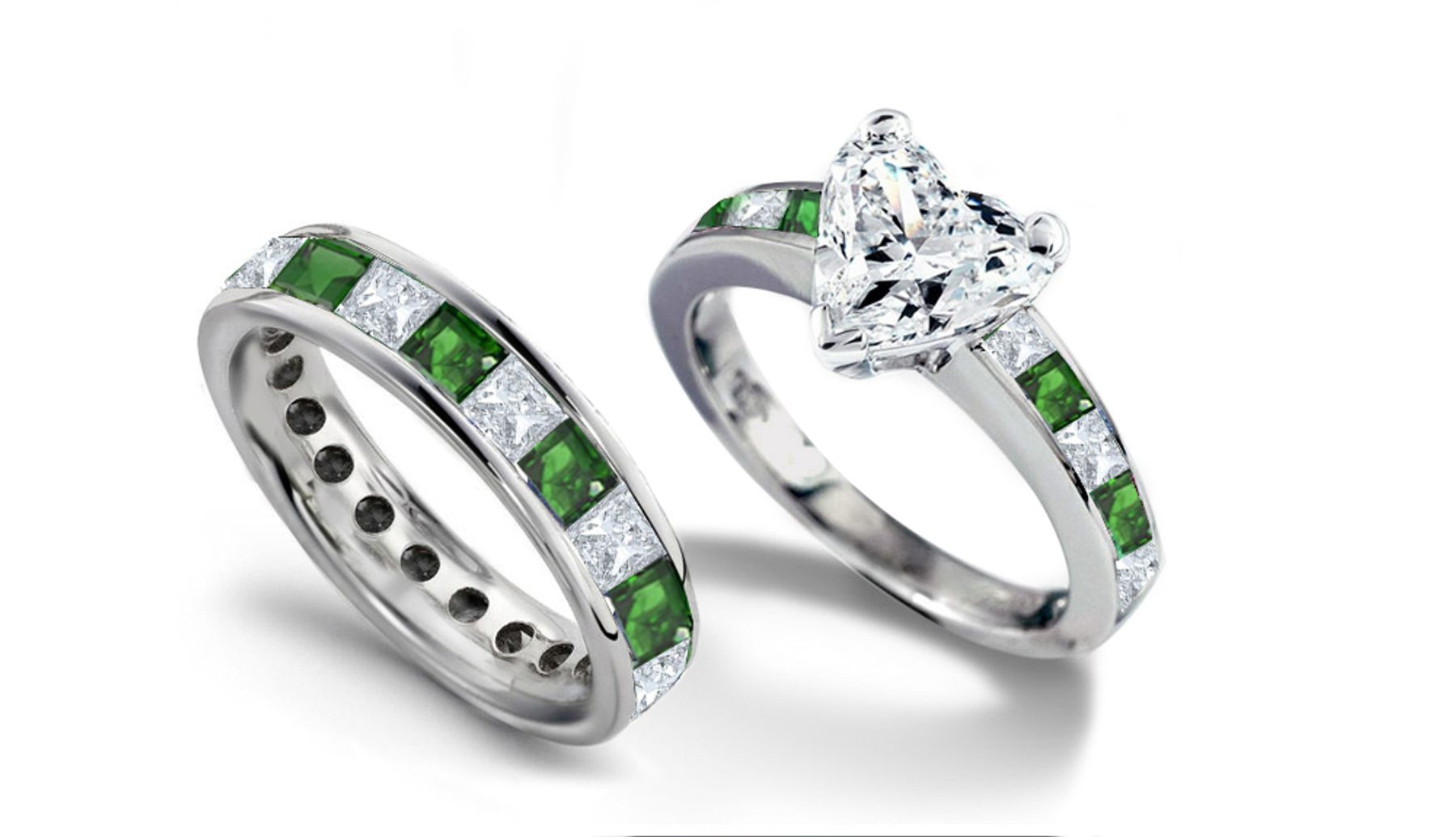 Heart Diamond & Princess Cut Emerald & Diamond Engagement Ring & Emerald Diamond Wedding Band