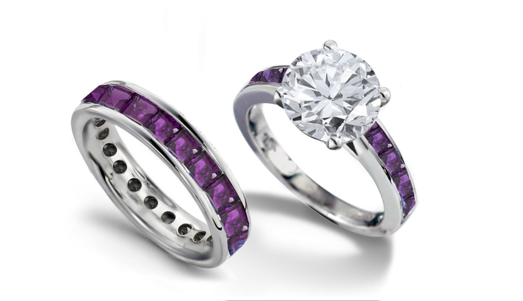 Round Diamond & Princess Cut Purple Sapphire & Diamond Engagement Ring & Wedding Wedding Band