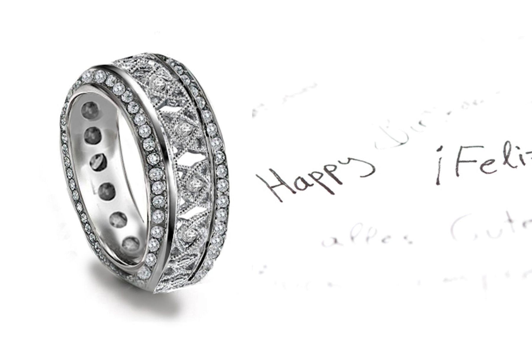Amazing: Wide Diamond Open Work Band Diamond Set in Filigree 90o Titled Square Frame All Around