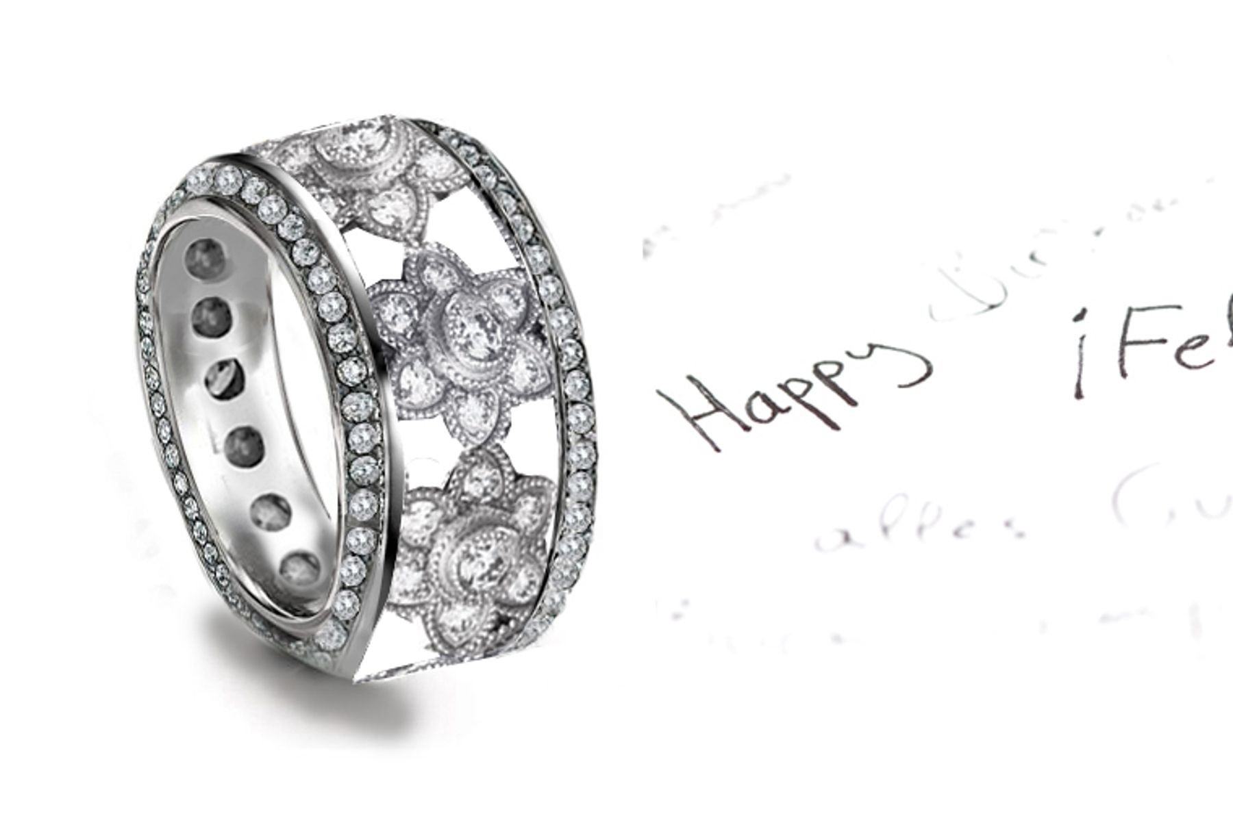 Wide Diamond Open Work Platinum Band Diamonds Micropavé in Floral Motifs All Around