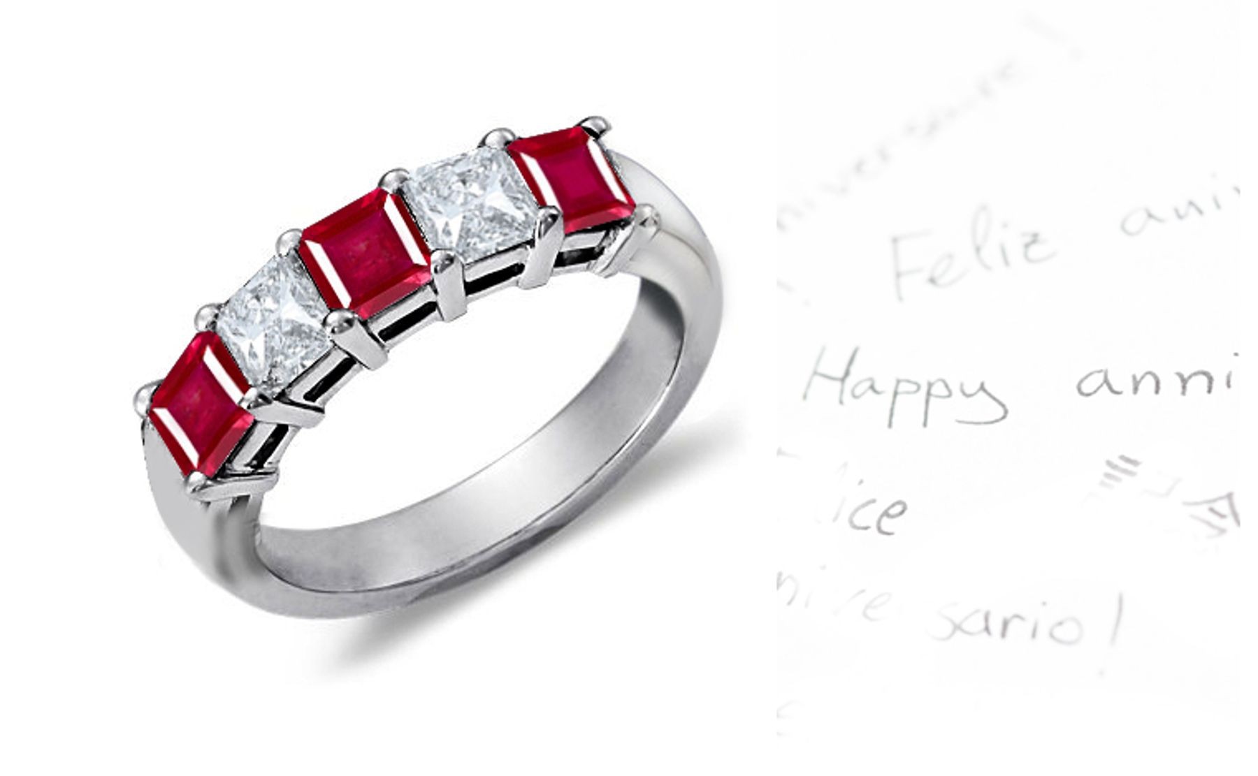 5 Stone Princess Cut Ruby Diamond Anniversary Ring