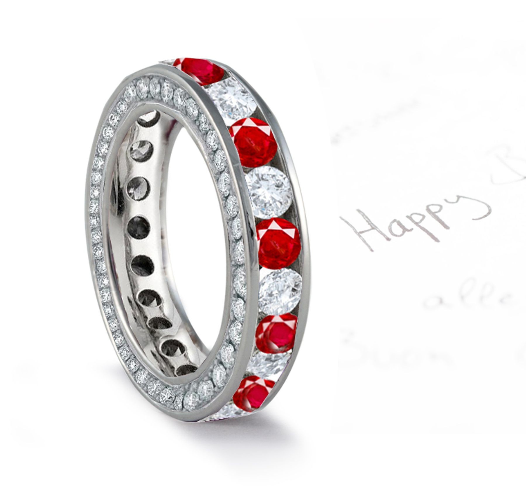 Ruby & Diamond Wedding Band with Diamond Halo on Sides in 14k Gold