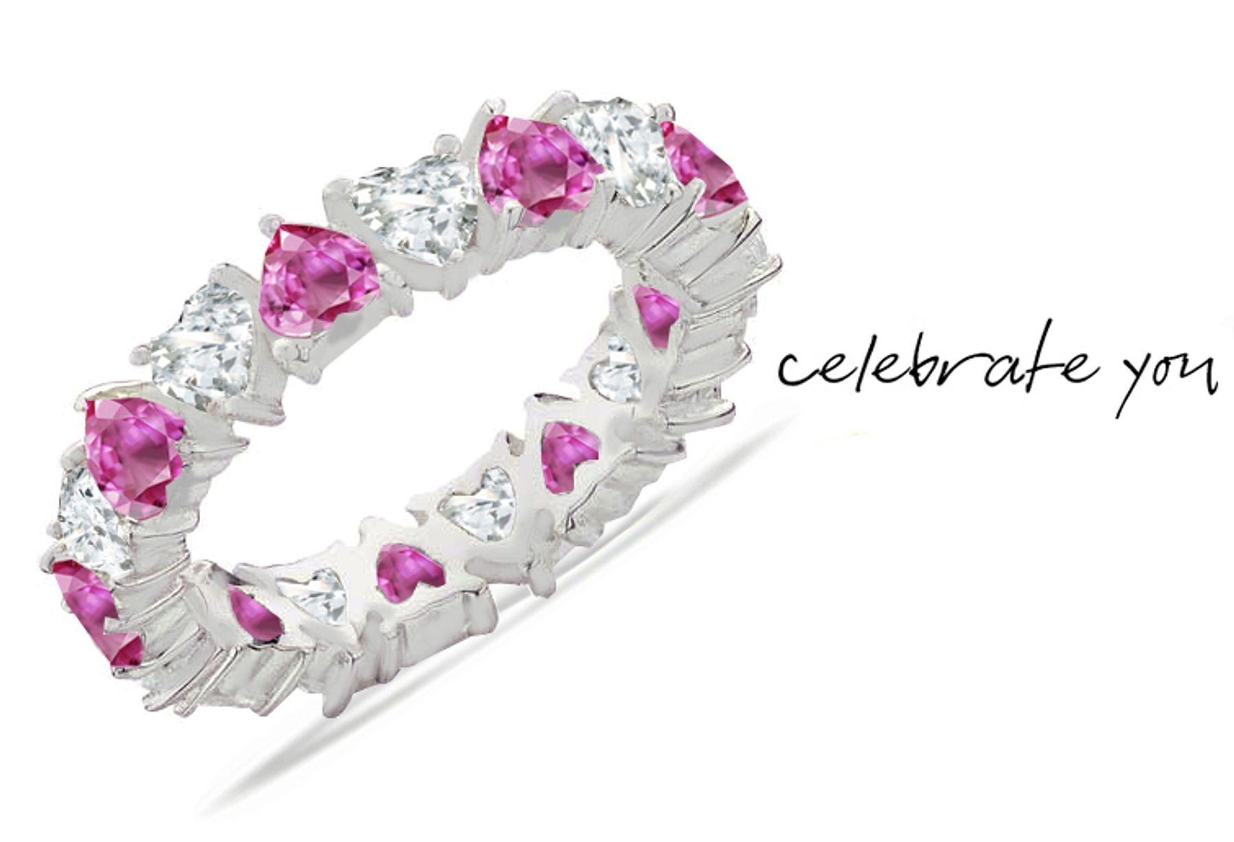 "Vibrant" Pink Sapphire Heart & Diamond Heart Stylish Eternity Ring in Gold