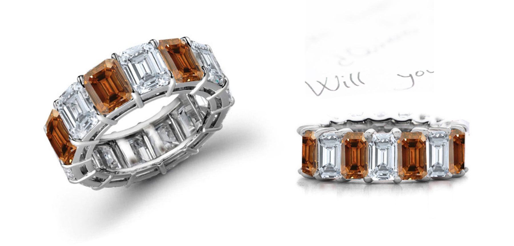 Pefectly-Matched, Seamlessly-Set White & Brown Emerald Cut Diamond Wedding Banin Platinum Ring Size 3 to 8