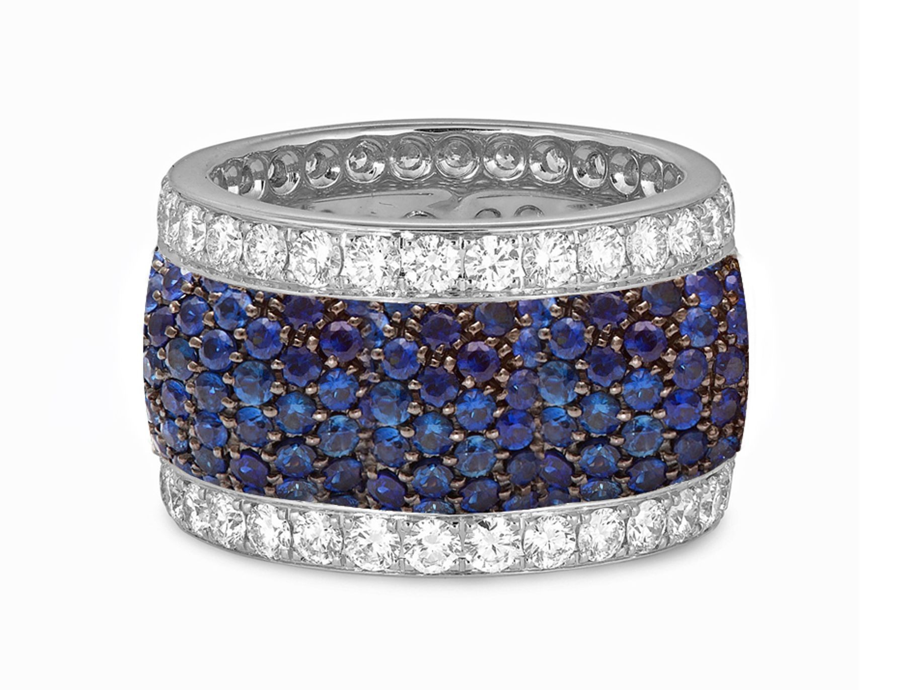 French Micro pave Multiple Rows of Blue Sapphire & Diamond Eternity Rings