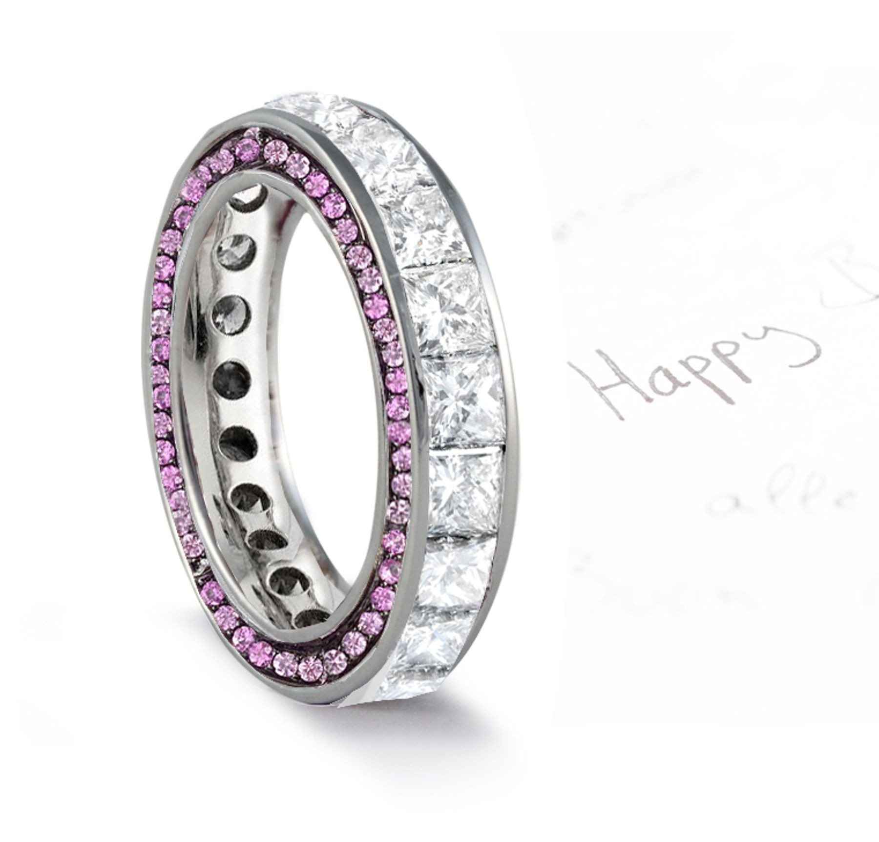 Micro pave Halo Round & Princess Cut Diamond & Pink Sapphire Eternity Rings
