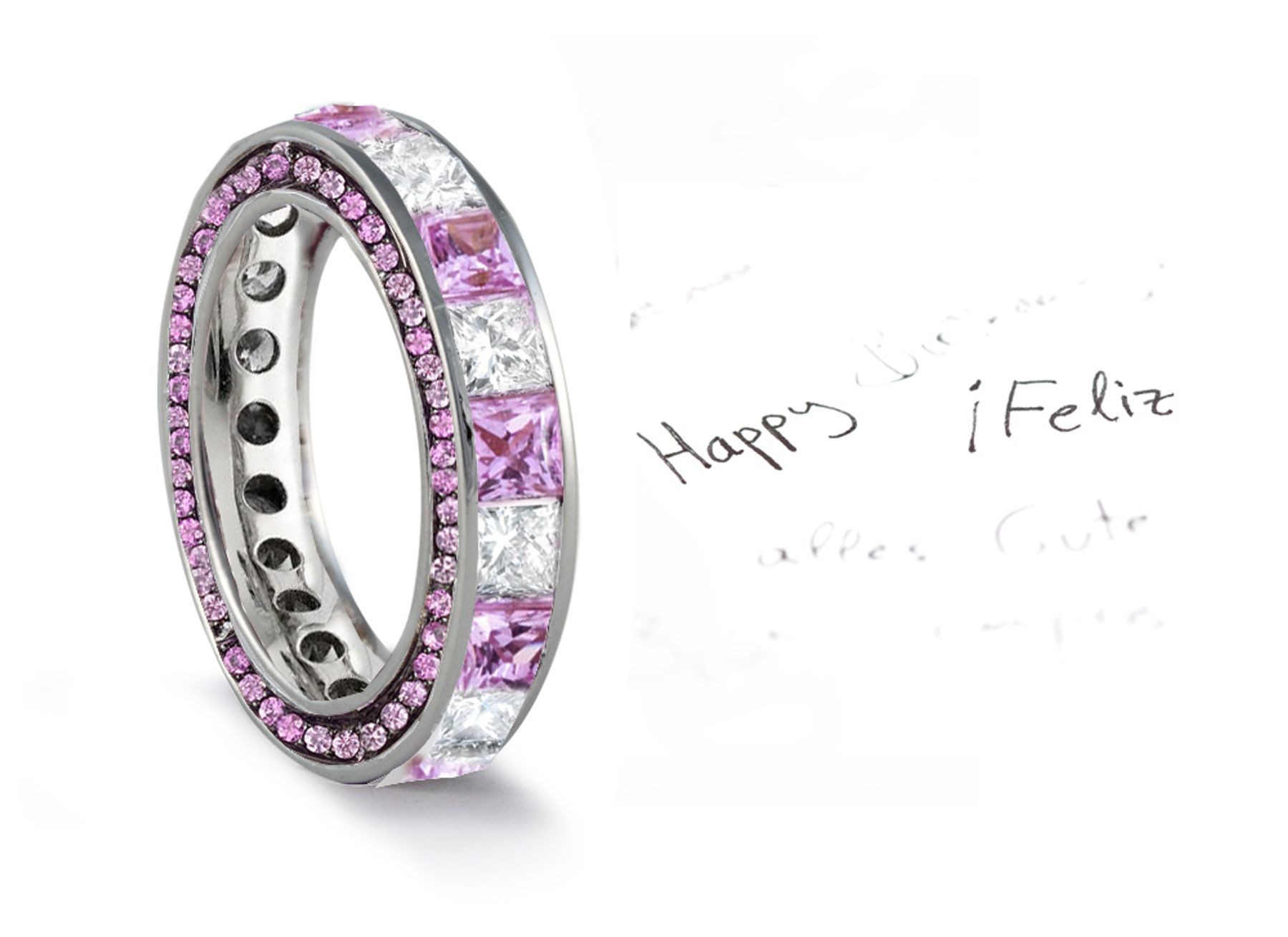 Micro pave Halo Round & Princess Cut Diamond & Pink Sapphire Eternity Rings