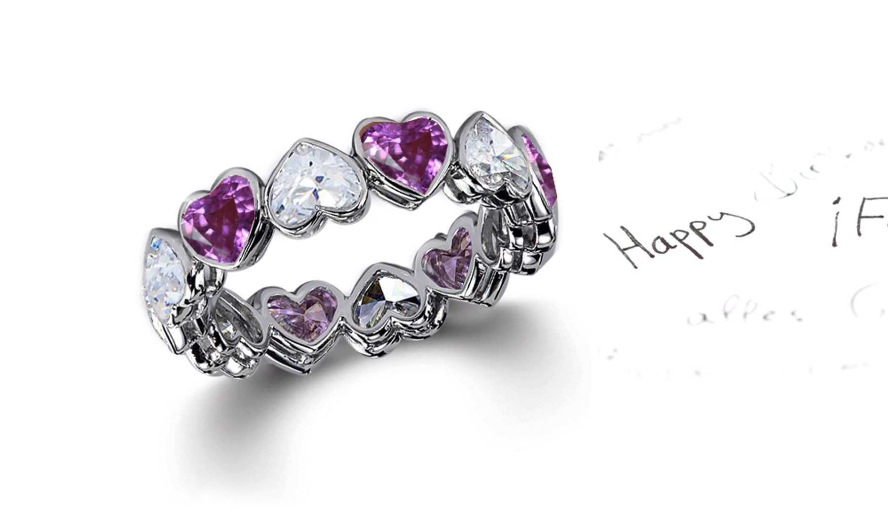 Delicate Heart Shaped Diamond Bezel Set Purple Sapphire & Diamond Eternity Rings