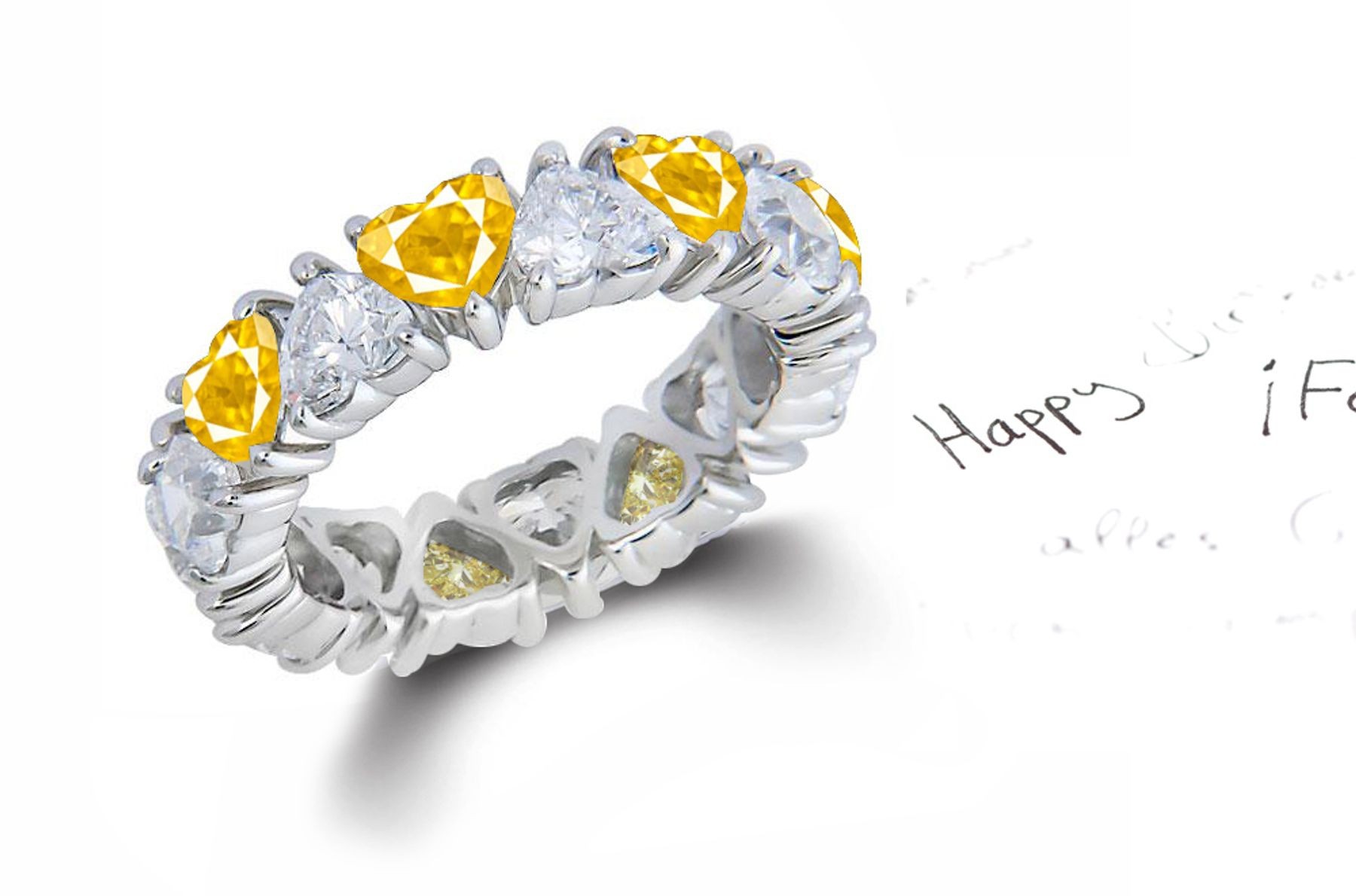 Heart Shaped Diamond Prong Set Diamond & Yellow Sapphire Eternity Rings in Gold