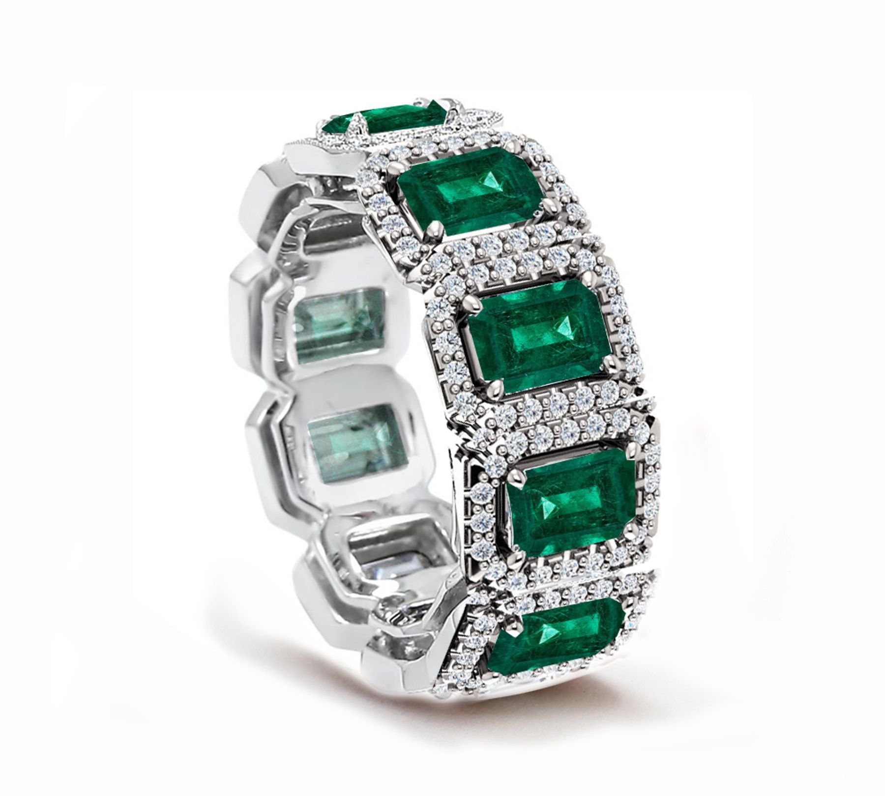 Buy High Quality Custom Manufactured Emerald Cut Halo Micro Diamond Eternity Wedding & Anniversary Bands