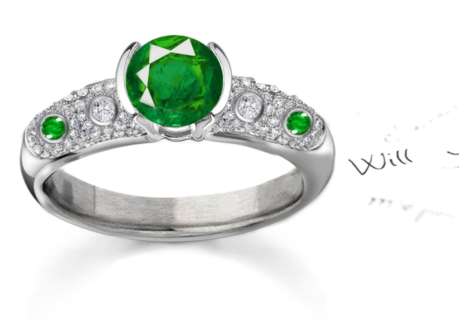 French Period: Vivid Green & Lustrous Emerald & MicropaveDiamond Ring