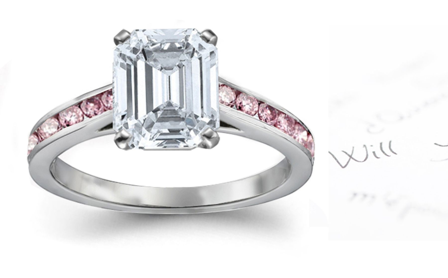 Pink & White Emerald Cut Diamond Engagement Ring