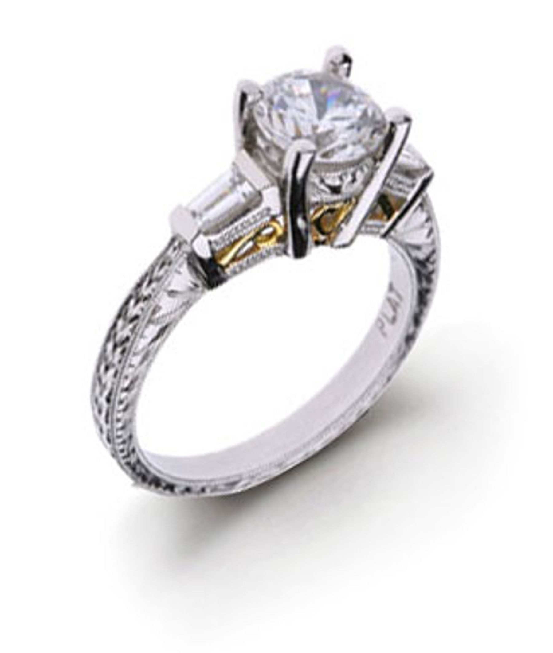 Platinum Hand Engraved Filigree Engagement Solitaire. View Promise Settings