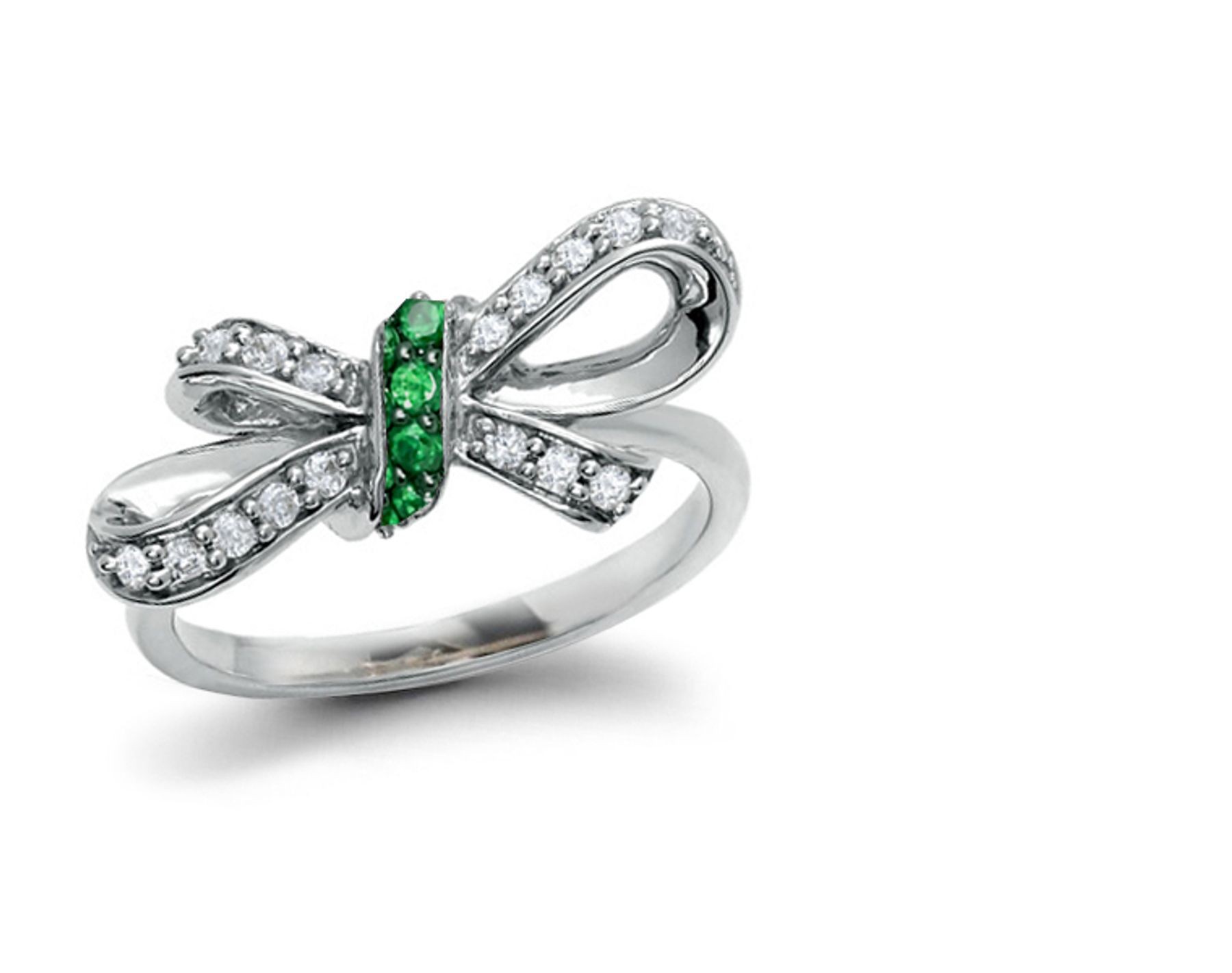 Ancient Style Special Design Georgian Diamond Ribbon & "Vibrant" Emerald Bow-Knot Ring in Platinum