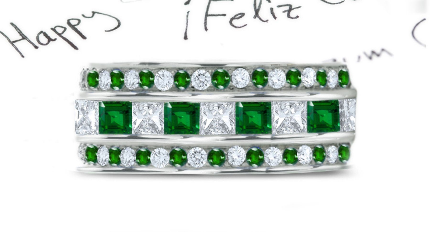 Rosary of Emeralds: Round & Square Blue Emerald & Diamond Eternity Band Reflecting Greens of Landscapes