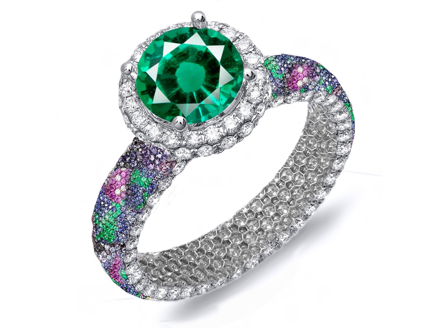 Vibrant Pave Cluster Diamond & Multi-Colored Precious Stones Rubies, Emeralds & Blue, Pink, Purple, Yellow Sapphires