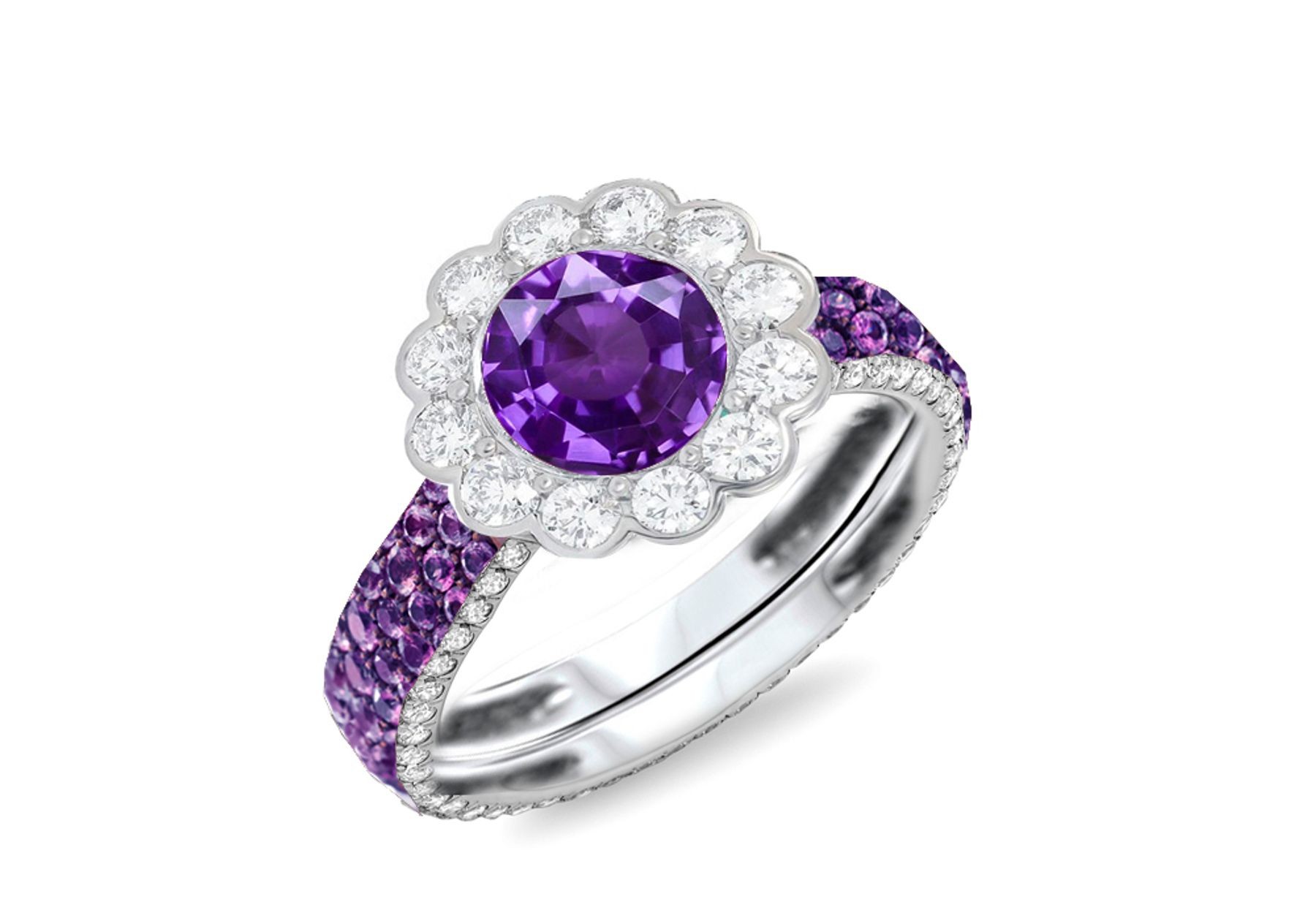 Custom Round Diamond & Purple Sapphire Flower Engagement and Right Hand Rings