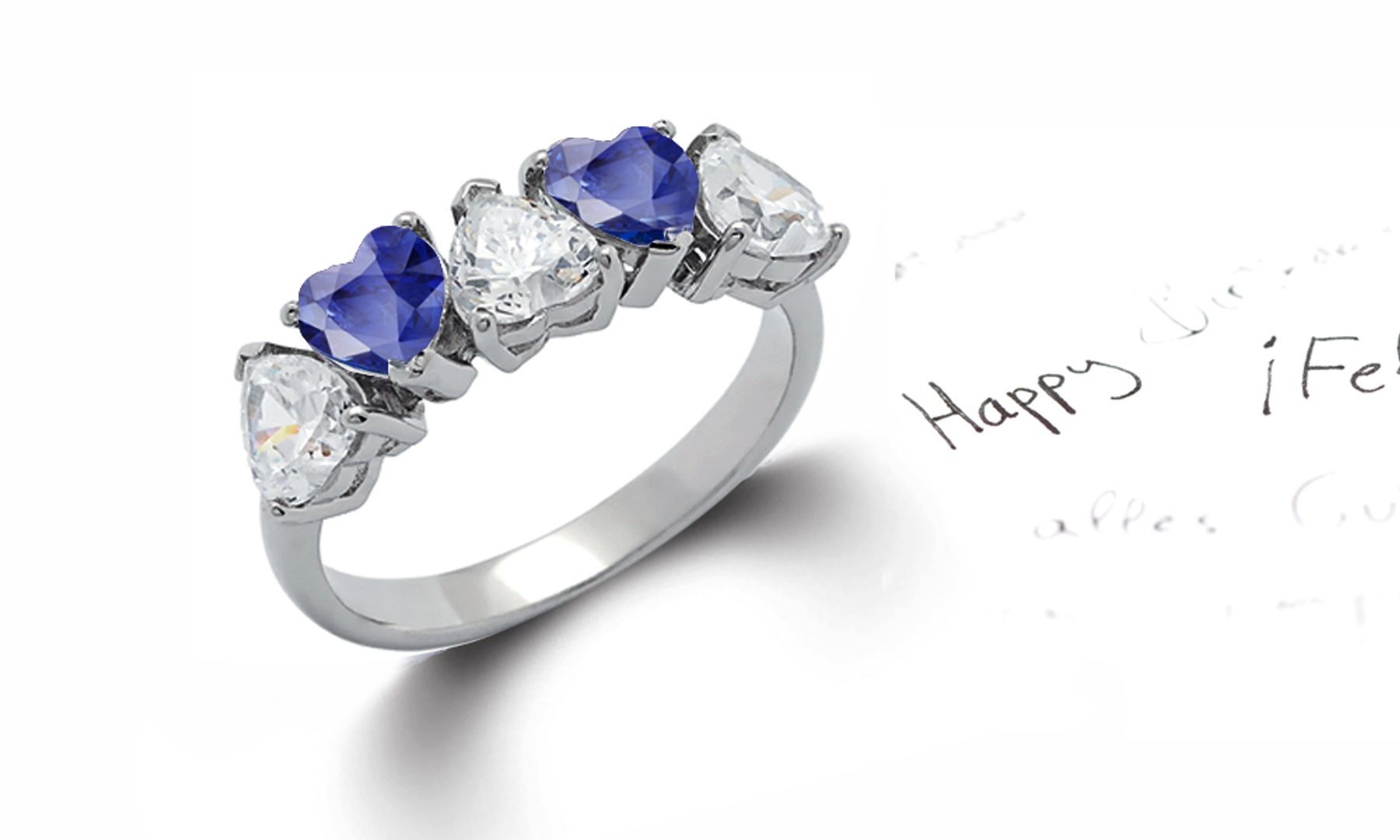 Made to Order 5 Stone Heart Shaped Diamonds & Blue Sapphires Anniversary Rings