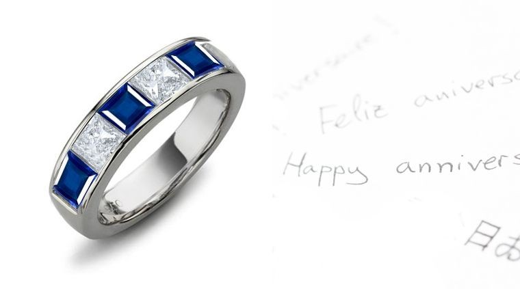 Blue Sapphire and Diamond Five-Stone Band Men's Ring