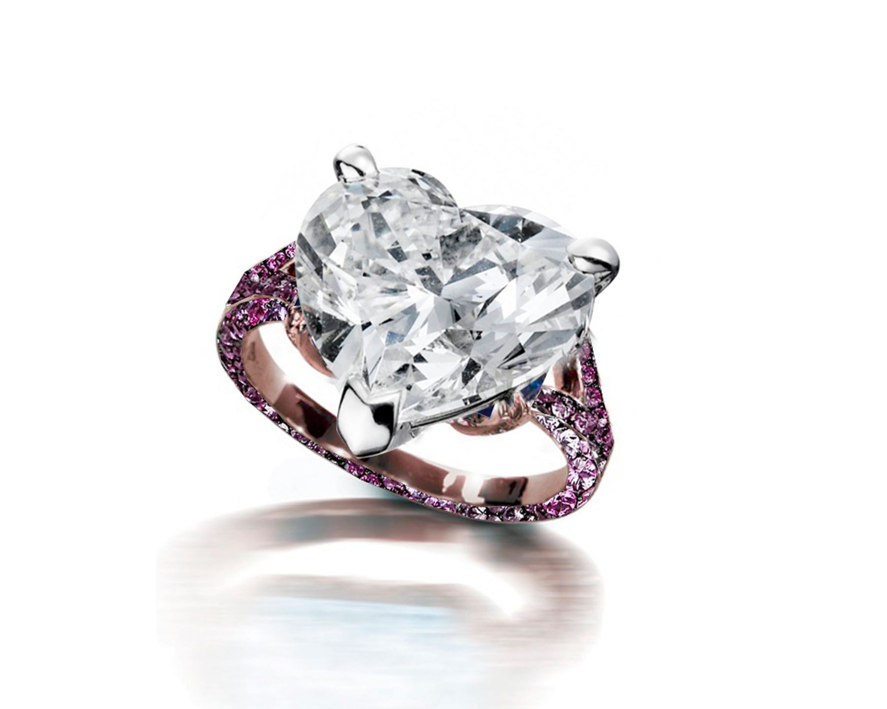 Ring with Heart Diamond & Pave Set Purple Sapphires in Gold or Platinum