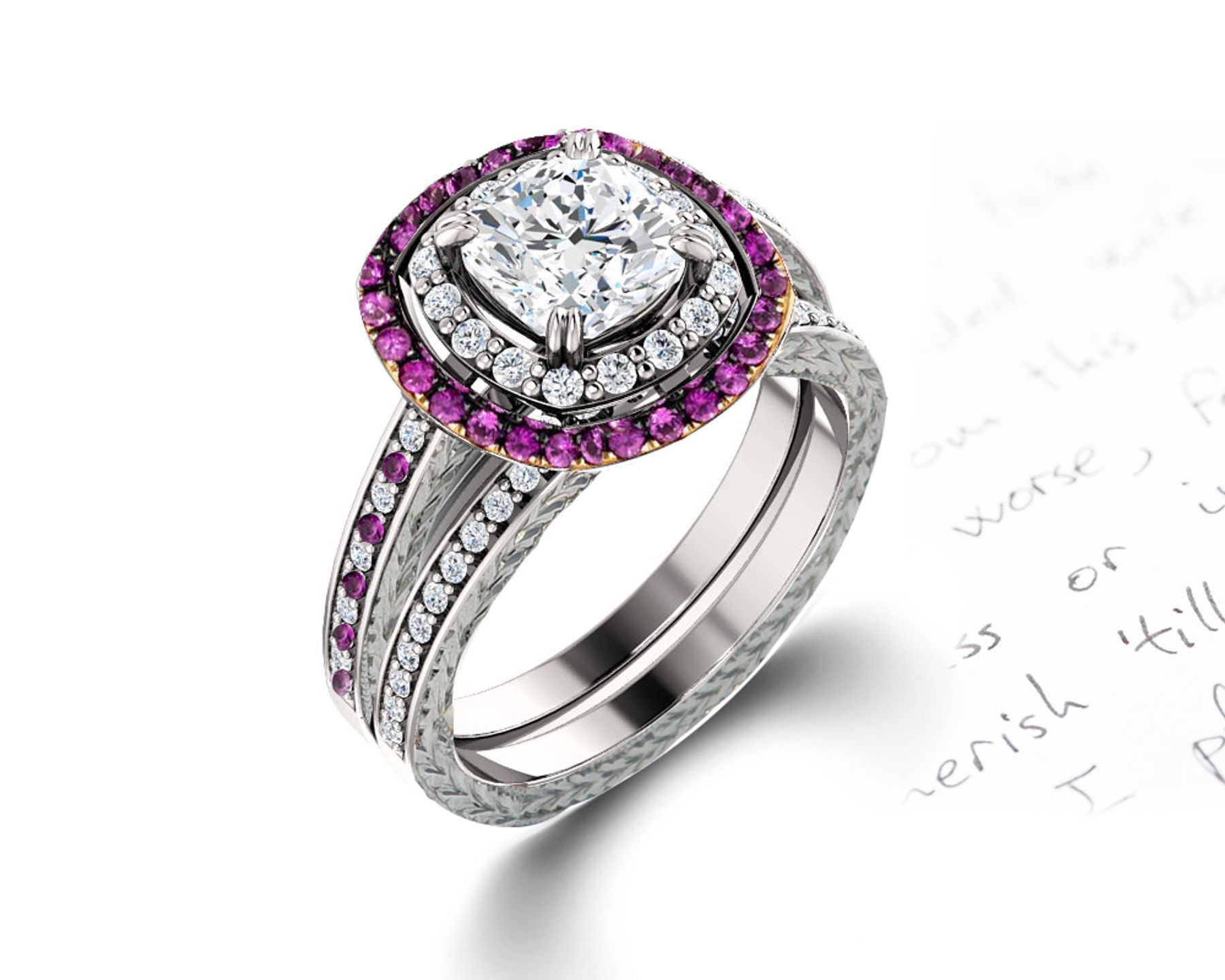 Vibrant Pink Sapphires and Diamonds Halo Micropave Engagement Rings With Vivid Colored Gemstone Accents