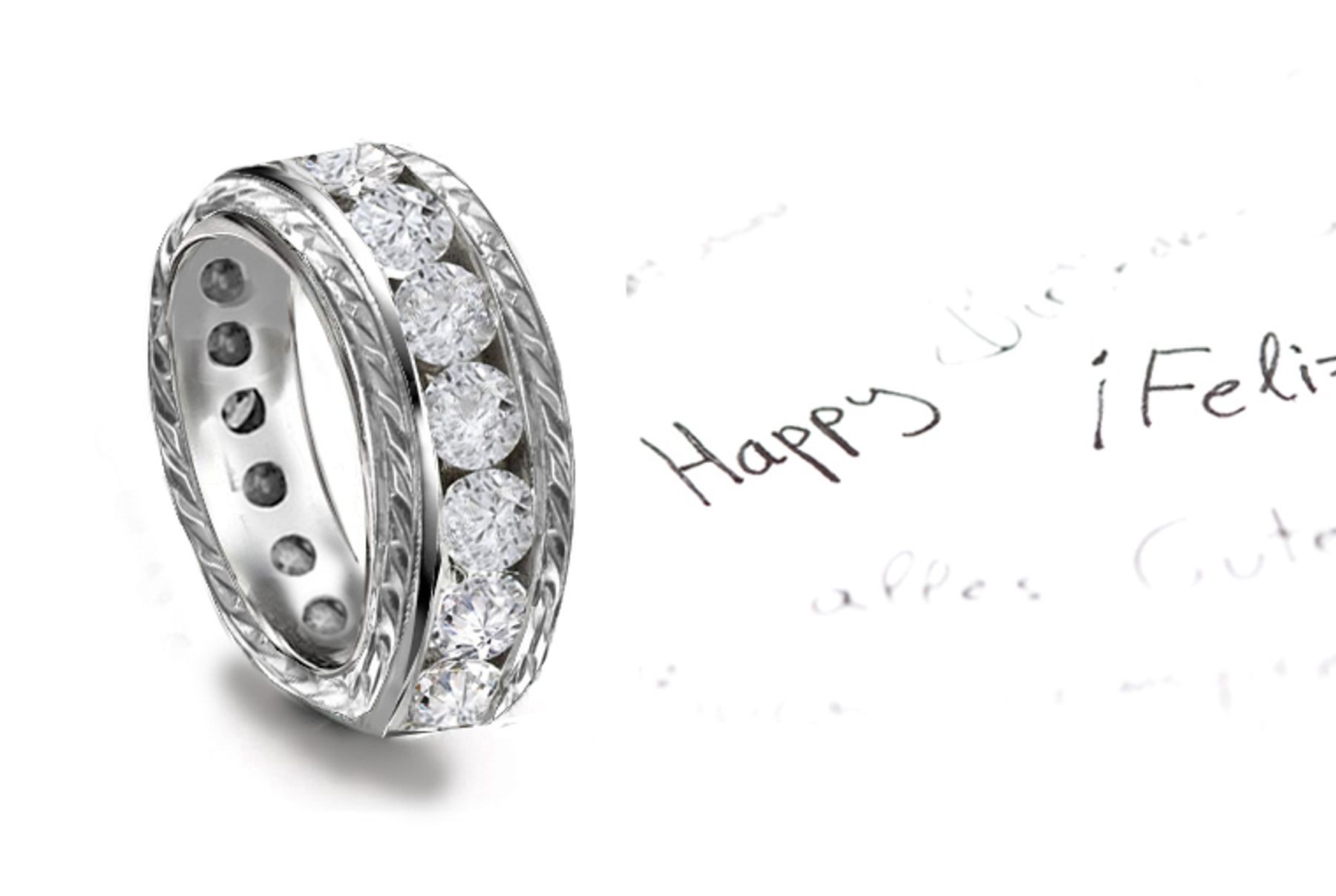 Present A Sumptuous Look: A Sparkling Channel Set Diamonds Embraced By Scrolling Motifs