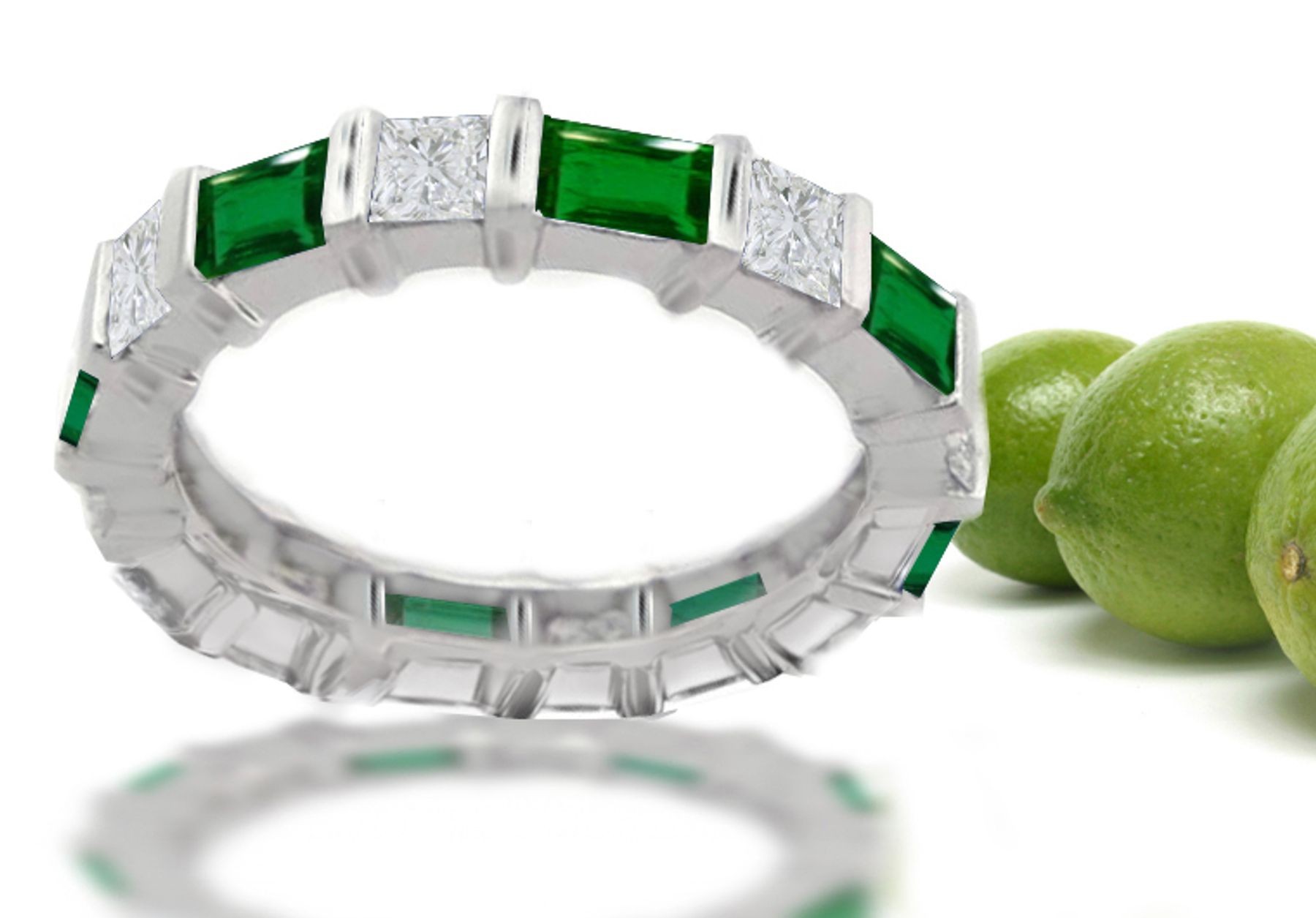 Special Effects: Princess Cut & Baguette Cut Diamond Emerald Eternity Band with A Most Beautiful of Green