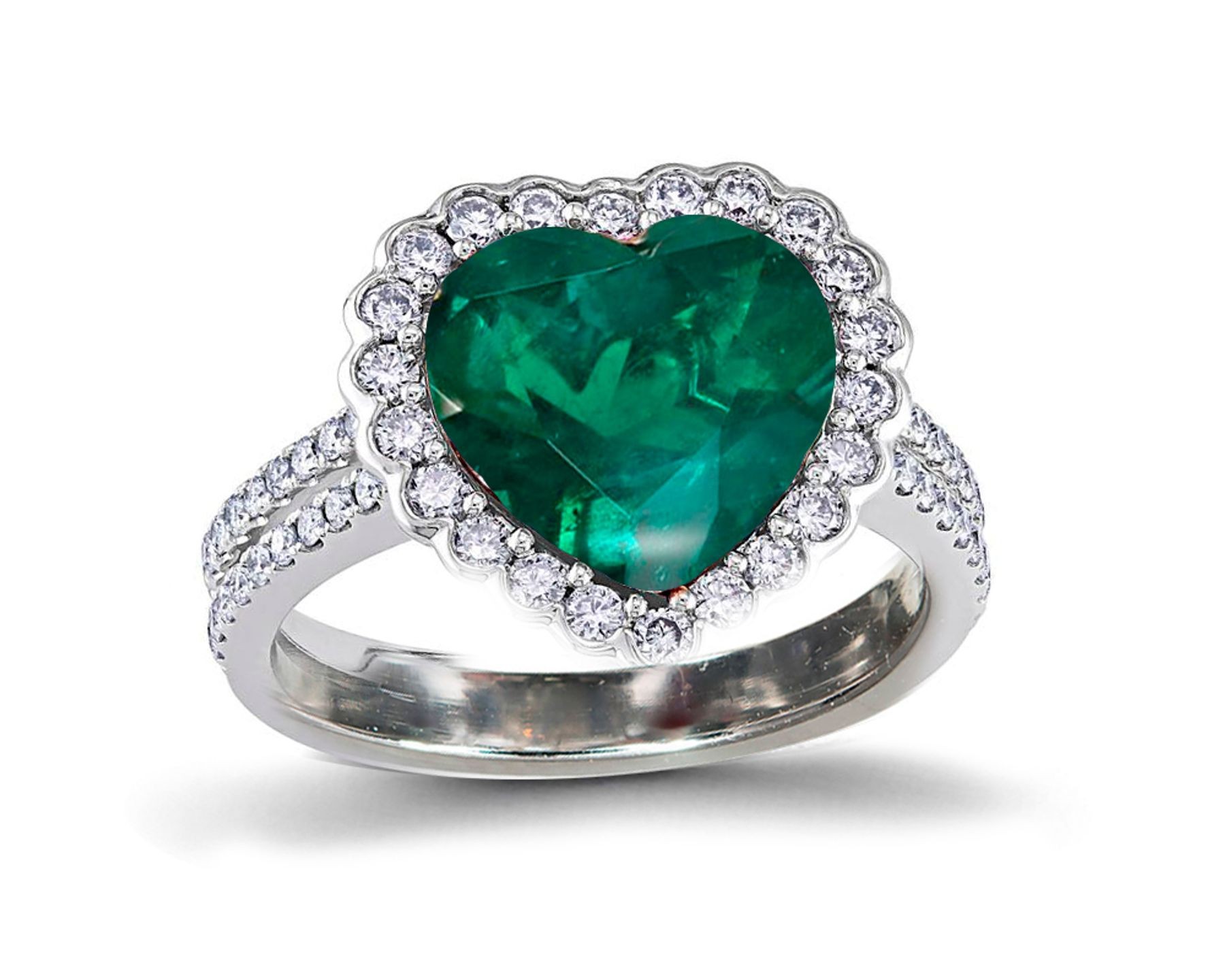 Ring with Heart Diamond & Pave Set Emeralds & White Diamonds in Gold or Platinum