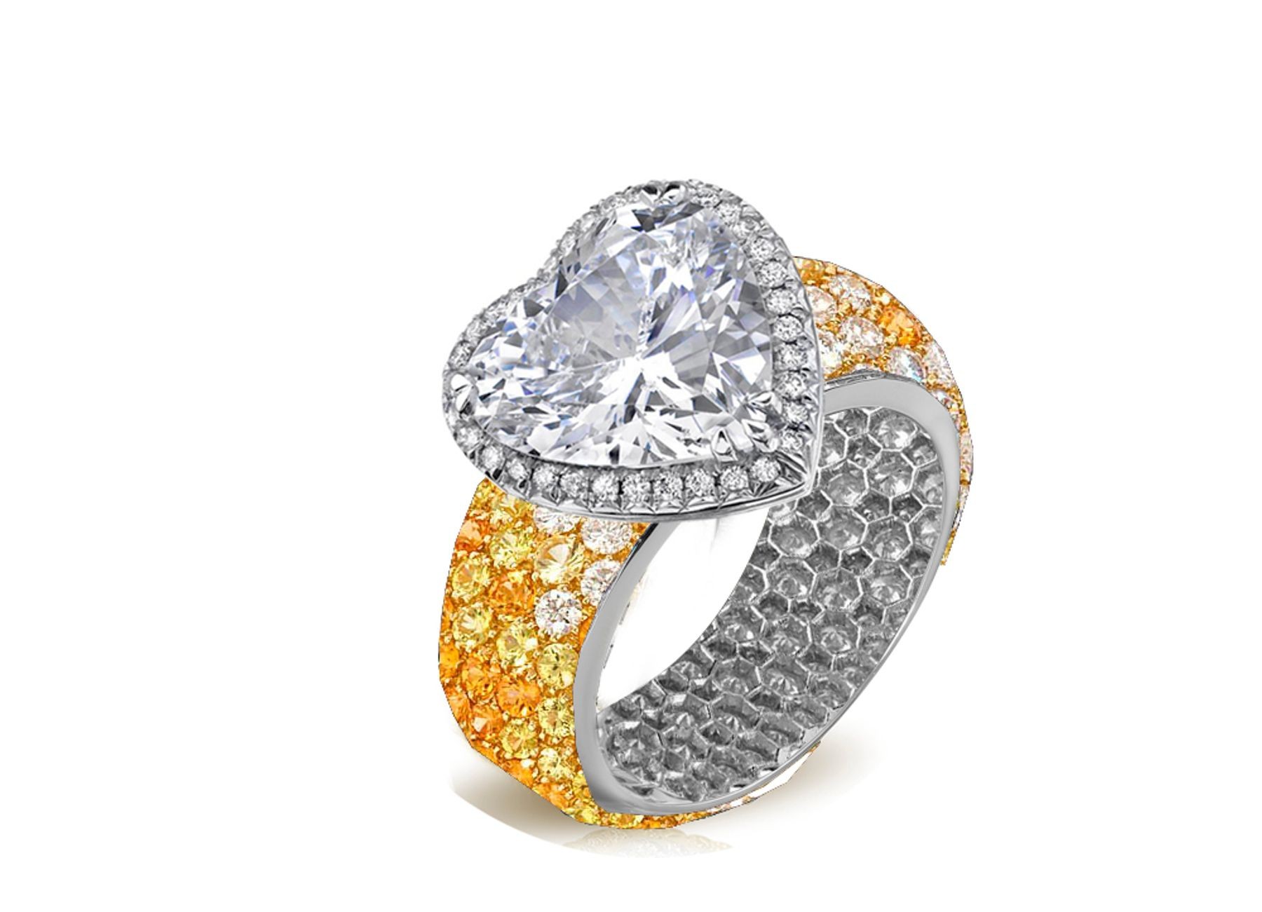 Halo Heart Diamond Ring with Diamonds & Yellow Sapphires in Gold or Platinum