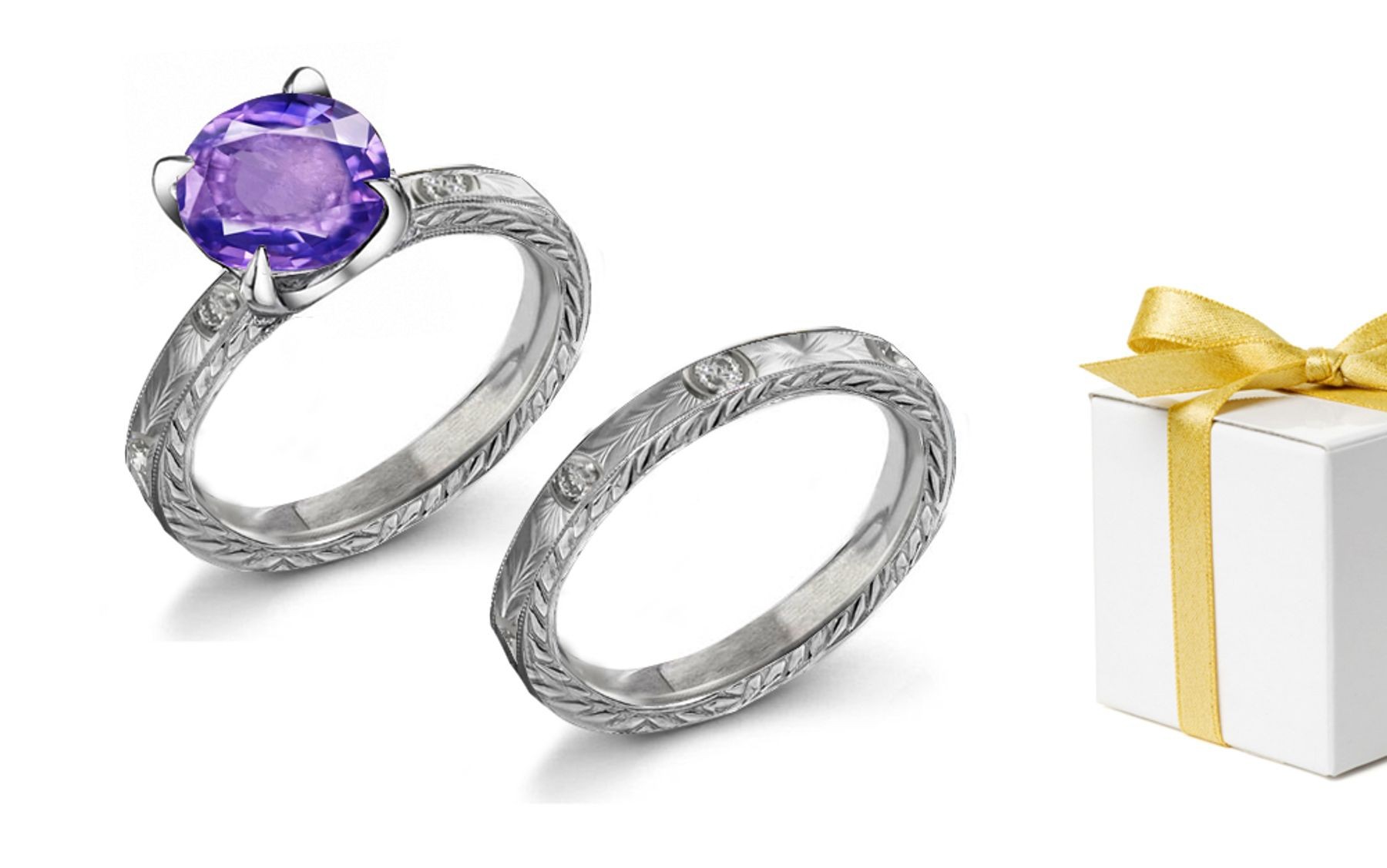 Engraved: Purple Sapphire & White Diamond Antique Ring