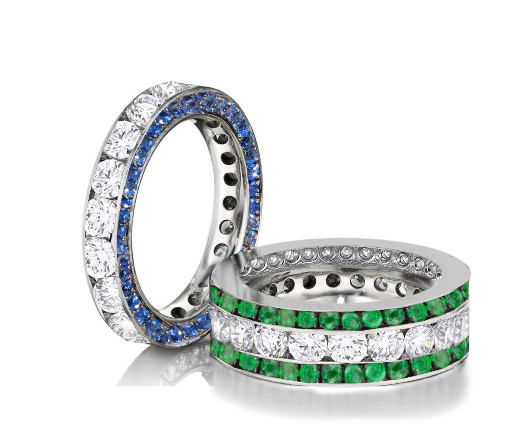Made to Order Channel Set Brilliant Cut Round Diamonds, Emeralds & Blue Sapphires Set Eternity Rings & Stackable Bands