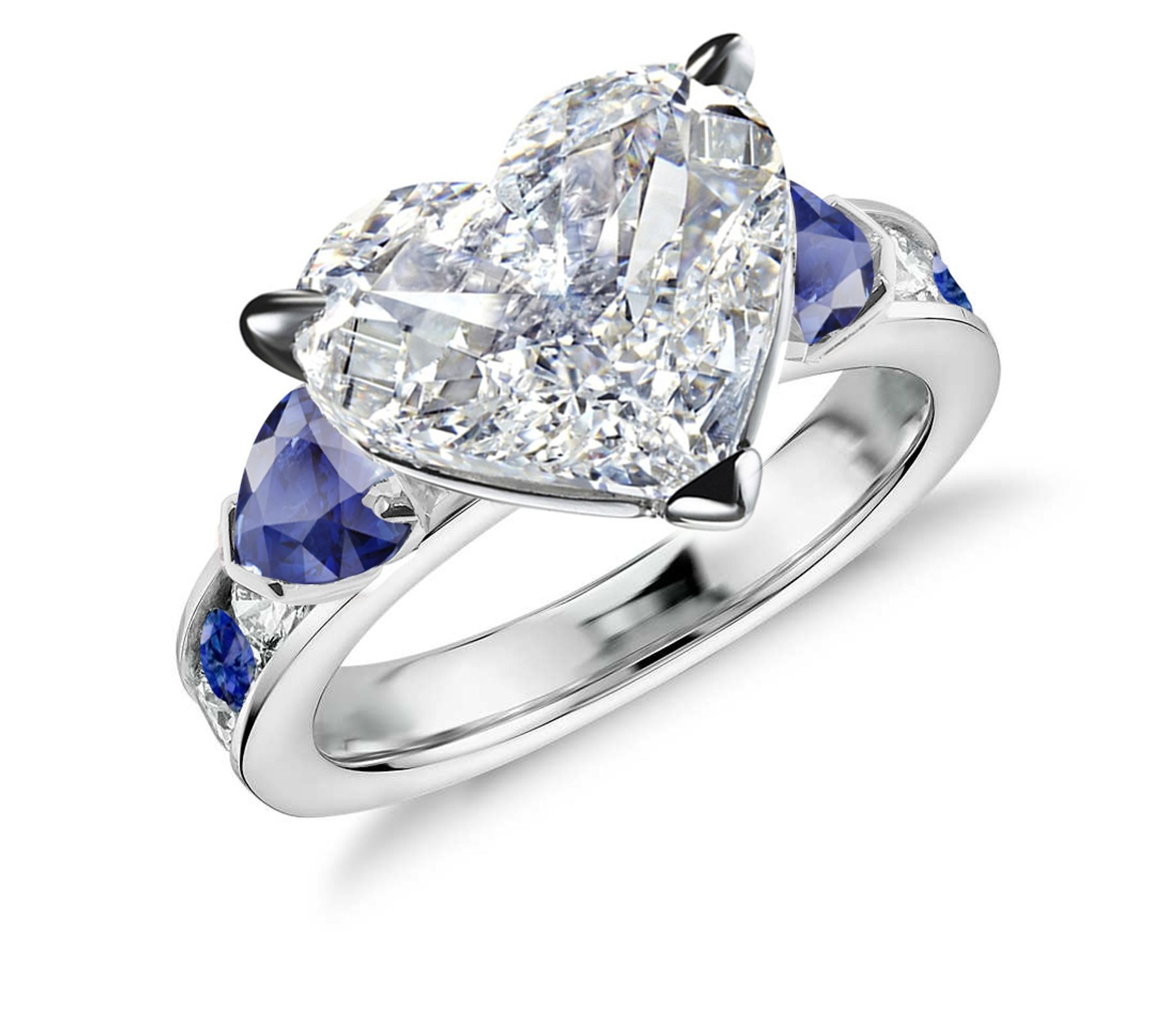 Three Stone Heart Diamond & Blue Sapphires Rings With Further Diamond Accents